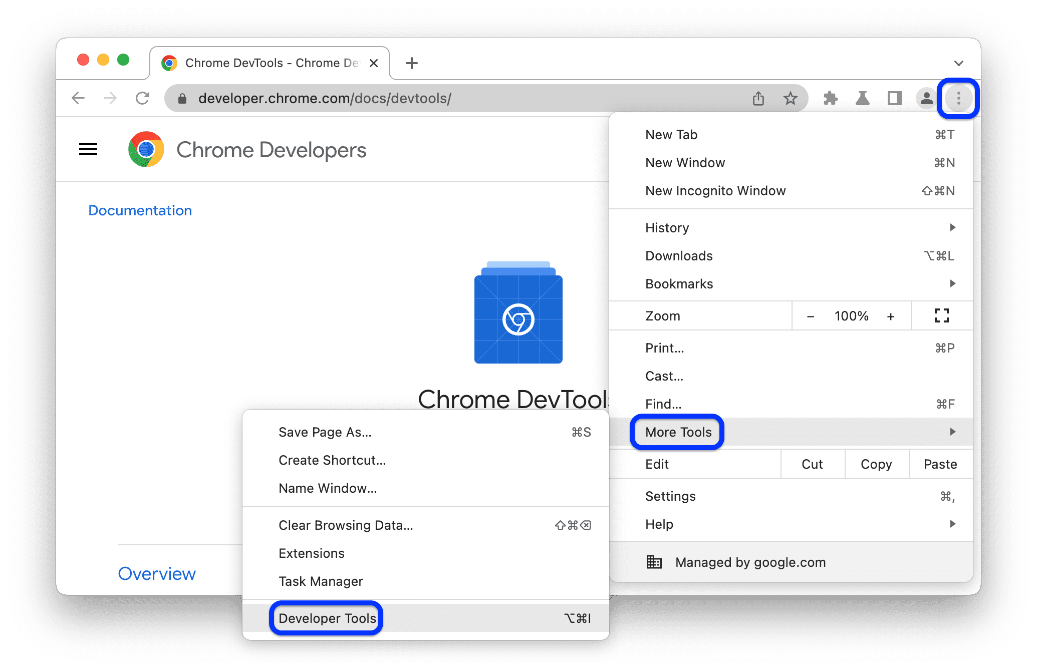 Opsi Alat Developer dipilih dari menu tiga titik.