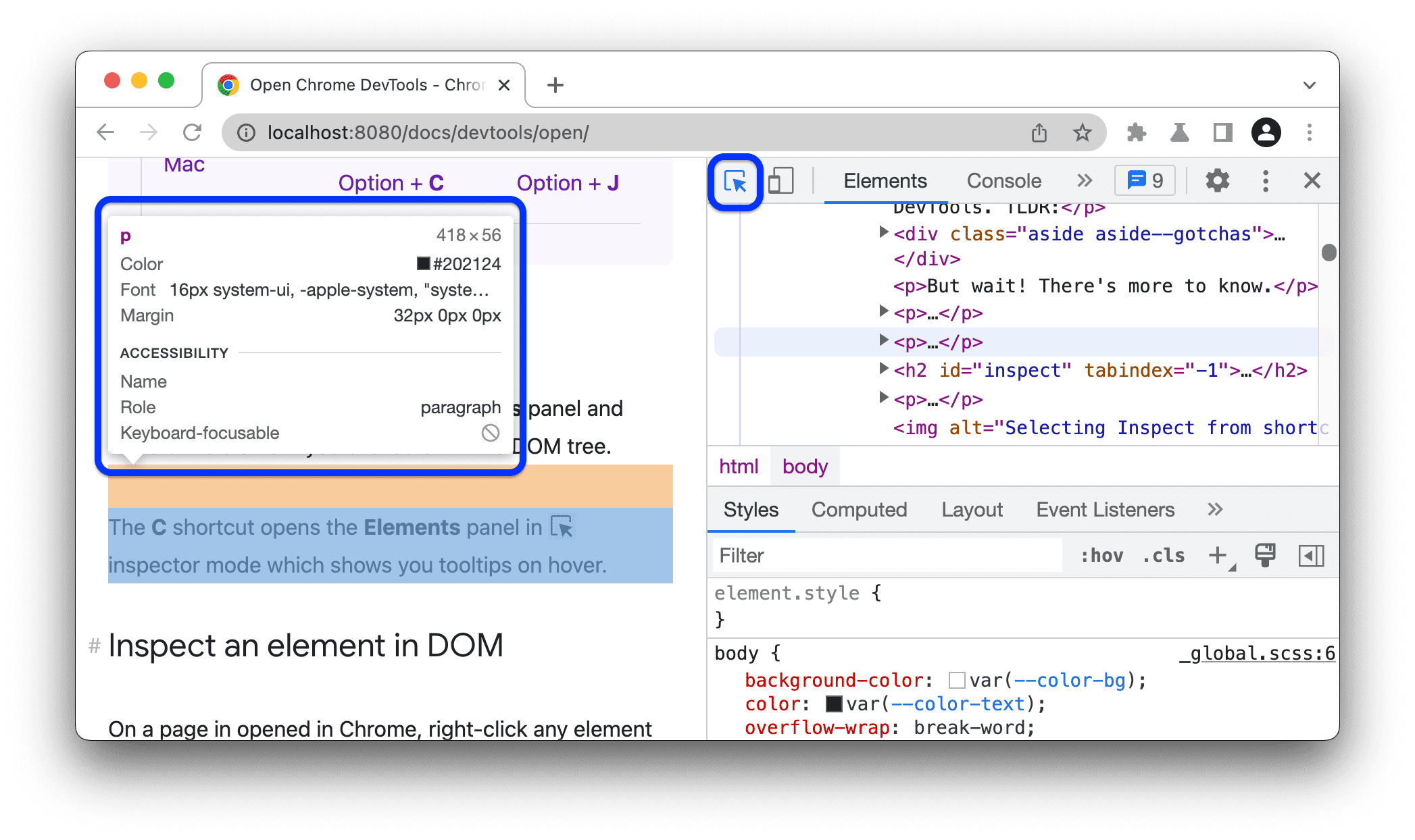 Der Bereich „Elemente“ im Inspektormodus mit einer Kurzinfo.