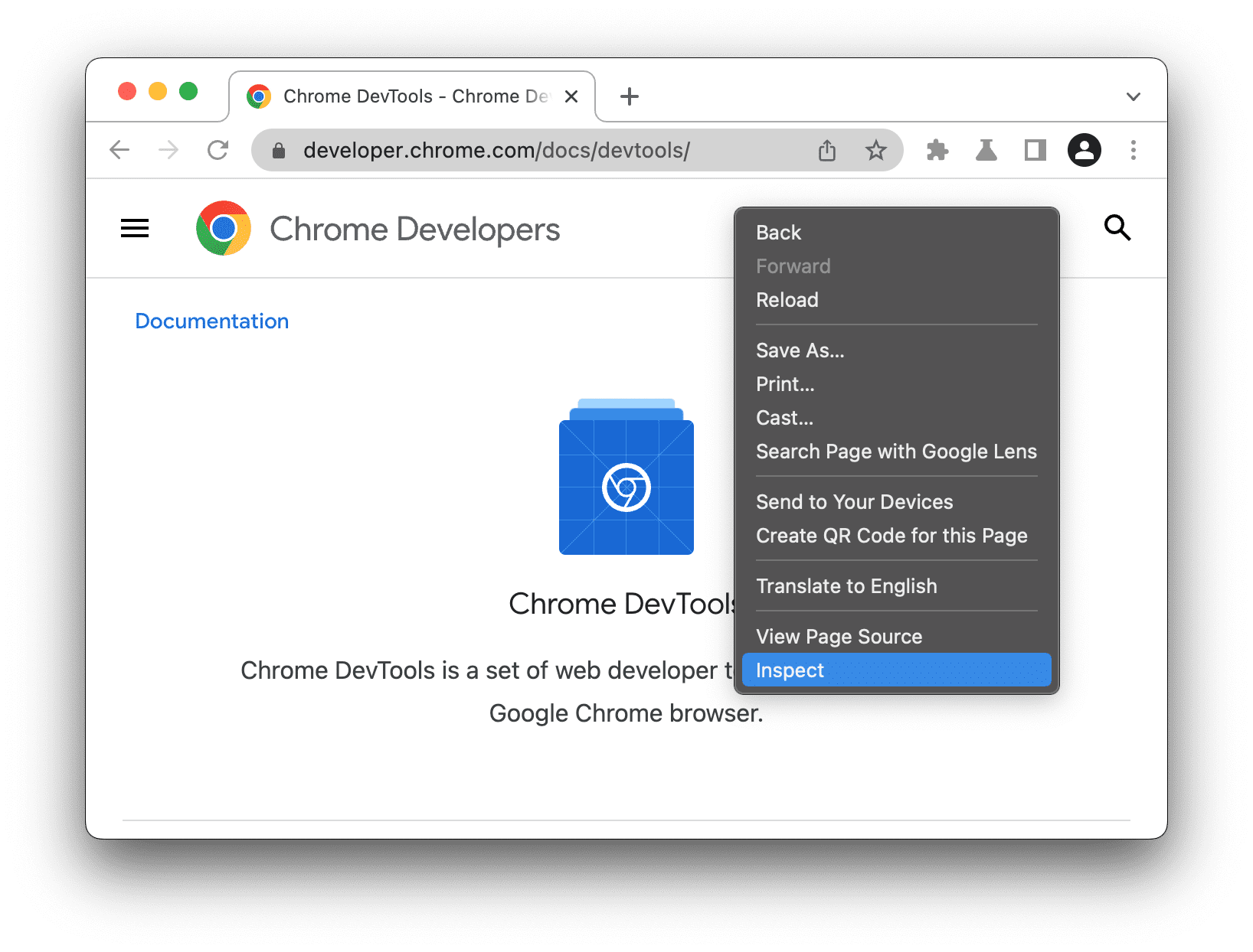 الخيار &quot;فحص&quot; في القائمة المنسدلة في Chrome.