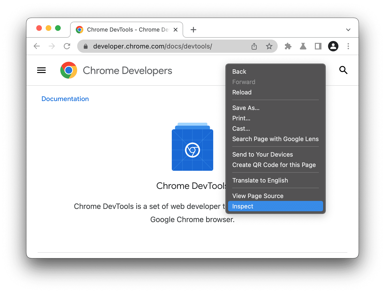 Параметр «Проверить» в раскрывающемся меню в Chrome.