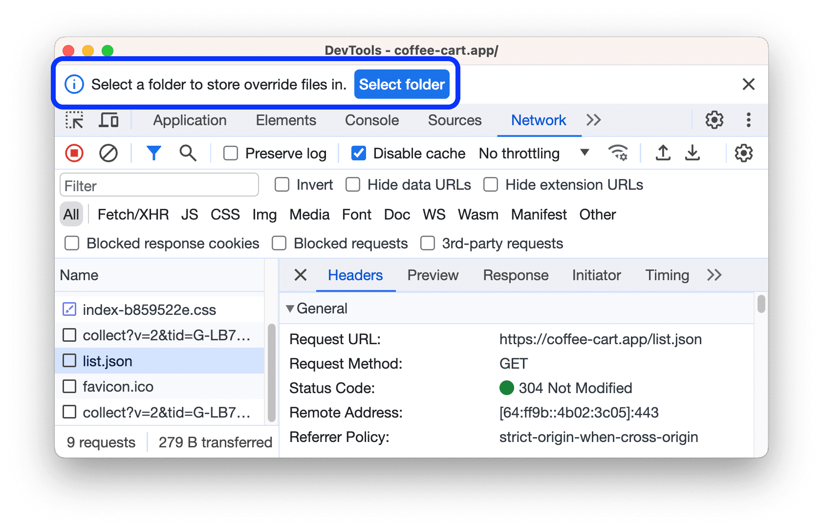 Sie werden in den Entwicklertools aufgefordert, einen Ordner auszuwählen.