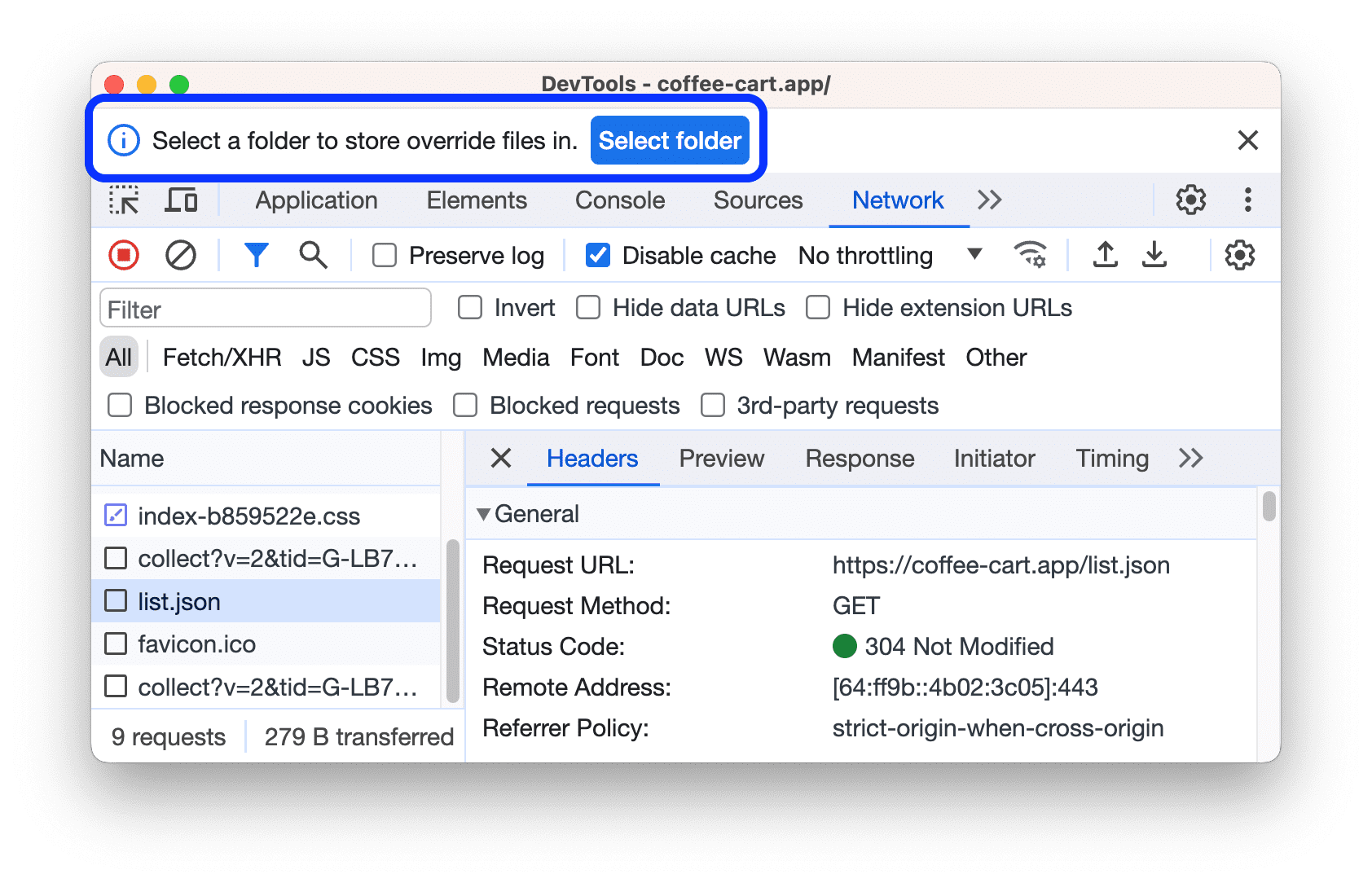 DevTools fordert Sie auf, einen Ordner auszuwählen.