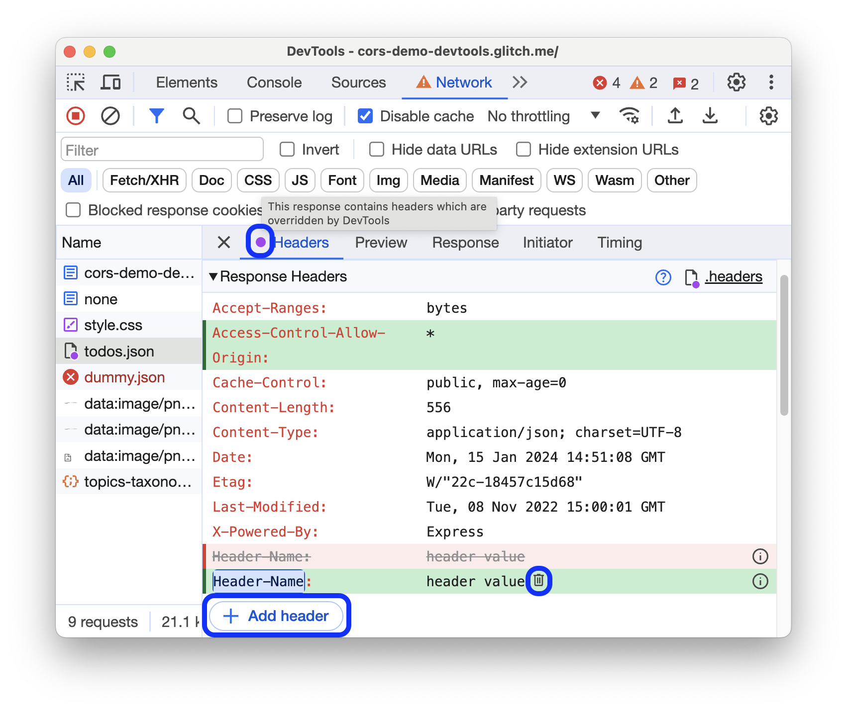 Modificare un valore di intestazione esistente, aggiungerne uno nuovo e rimuovere un override.