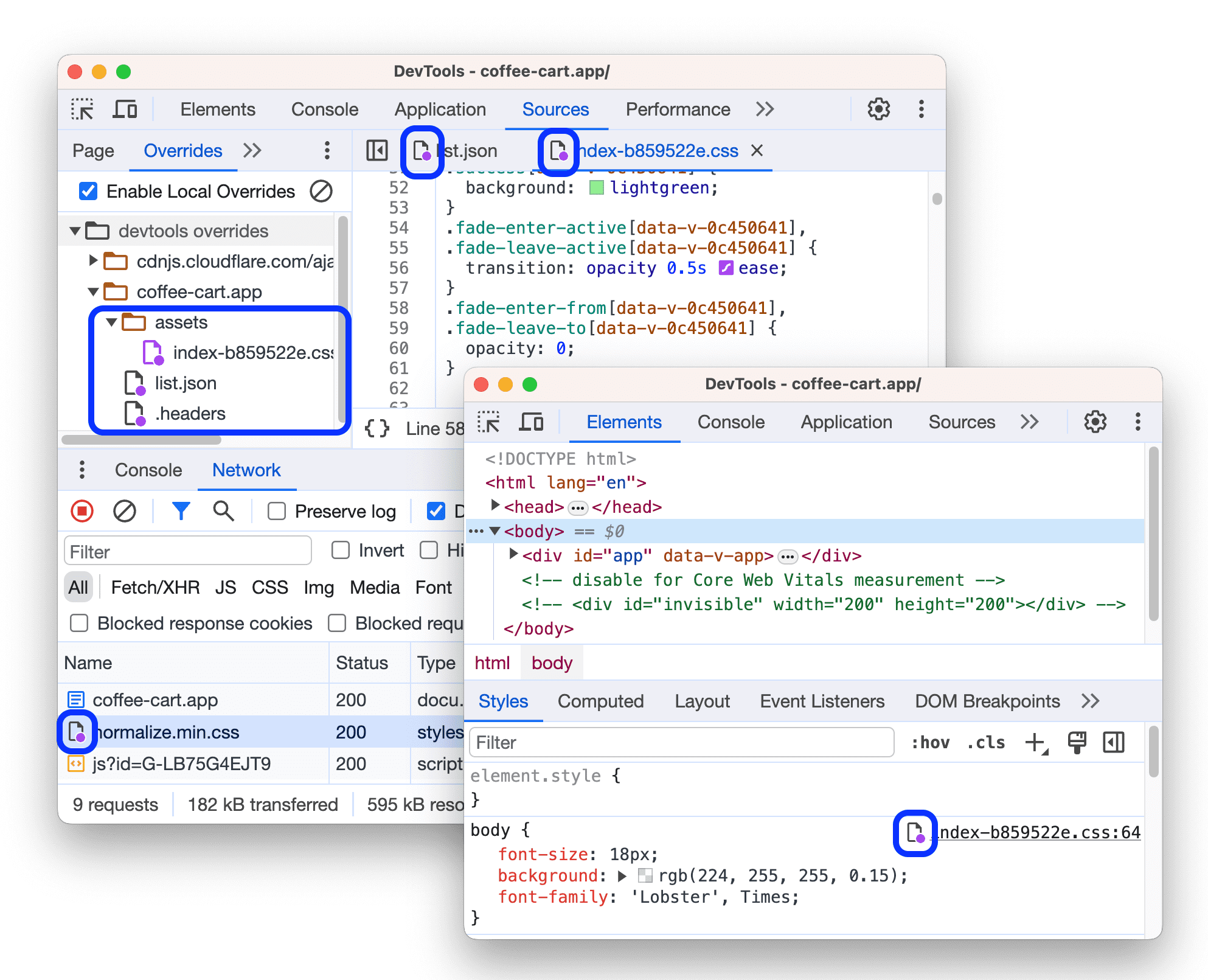 「來源」、「網路」和「元素」中的覆寫檔案旁，以及「樣式」中，會顯示對應的圖示