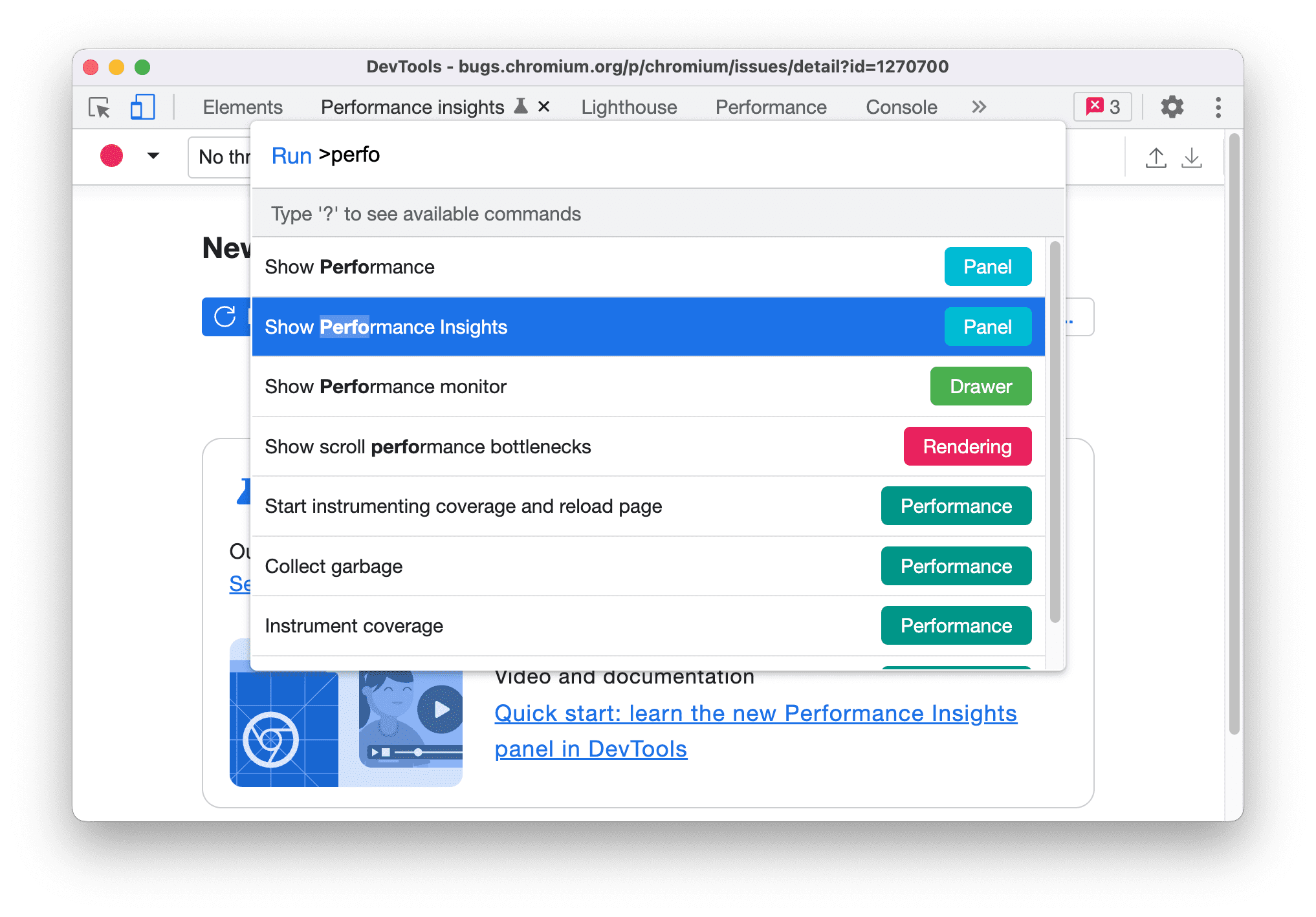 Afficher la commande &quot;Insights sur les performances&quot; dans le menu de commandes