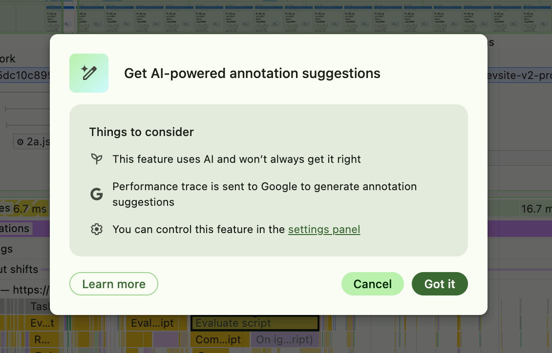 Considerazioni sulle annotazioni che spiegano che l'AI potrebbe non essere sempre precisa, che funziona inviando a Google i dati di tracciamento necessari per analizzare e formulare il suggerimento e che puoi controllare questa funzionalità nella scheda delle impostazioni.