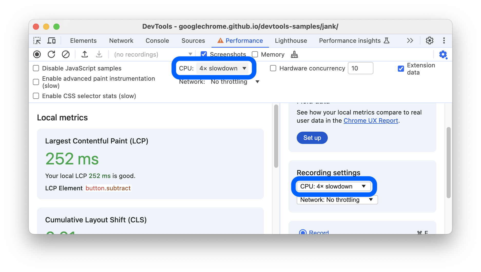 CPU-throttling ingesteld op 4x vertraging.