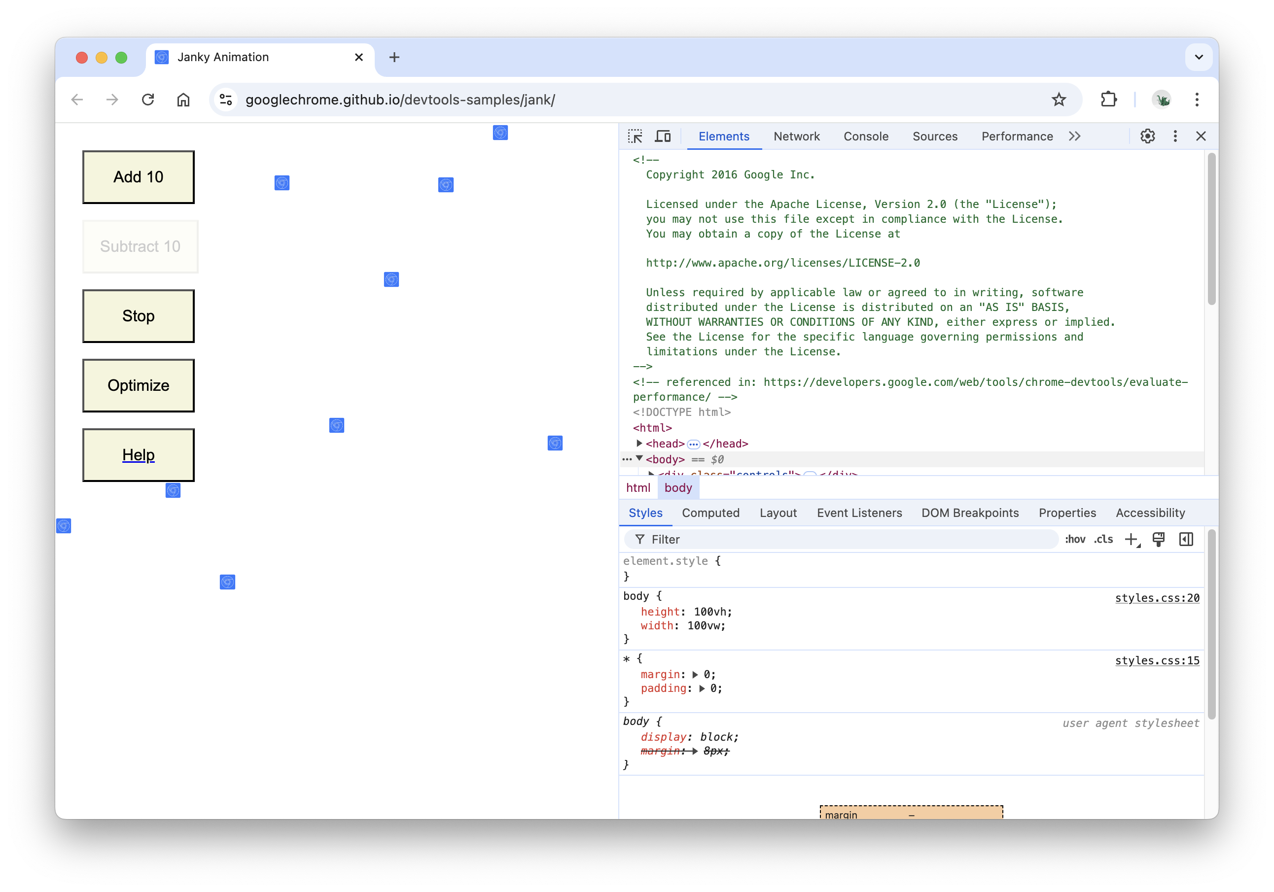 La demostración a la izquierda y DevTools a la derecha.