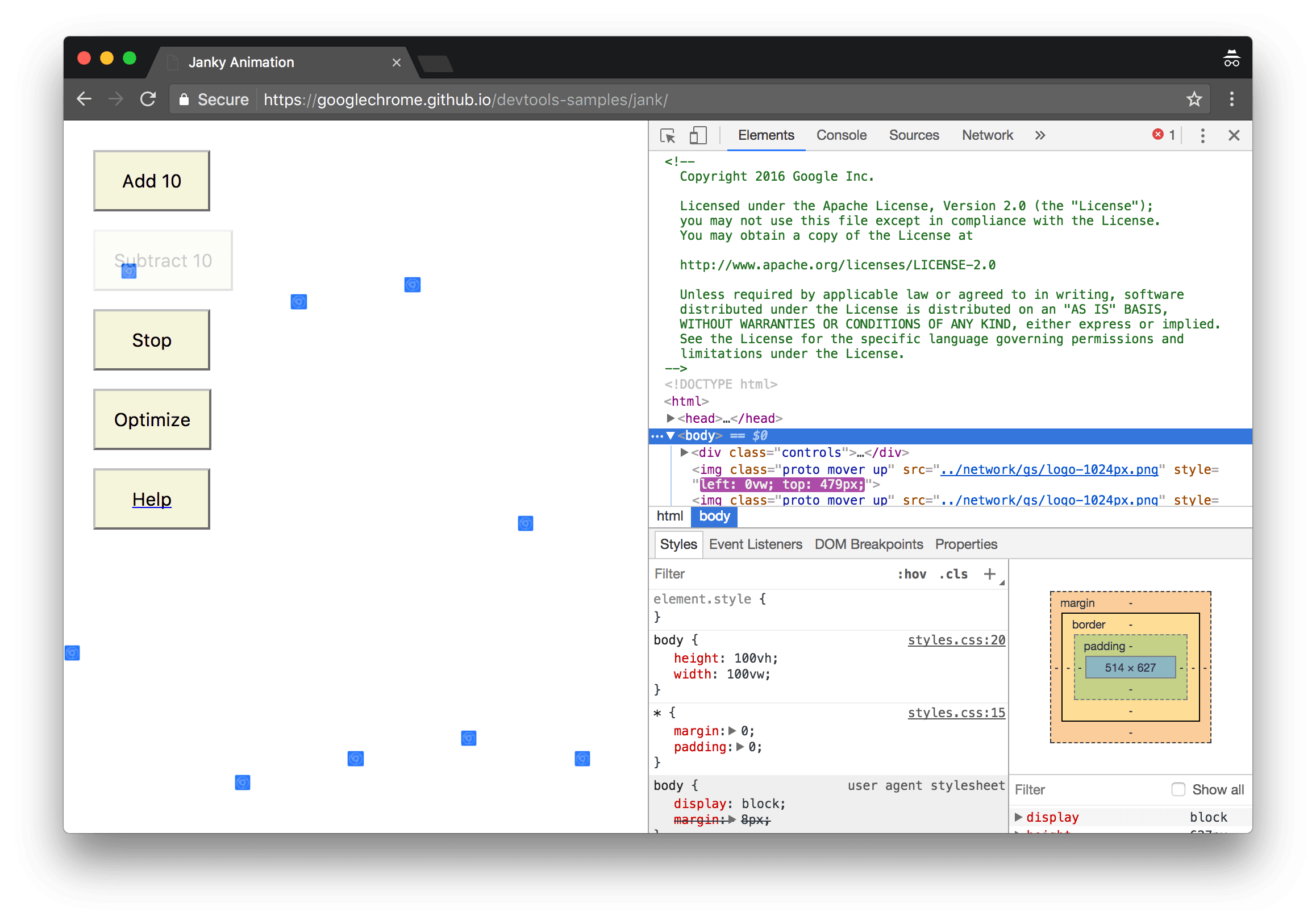The demo on the left, and DevTools on the right