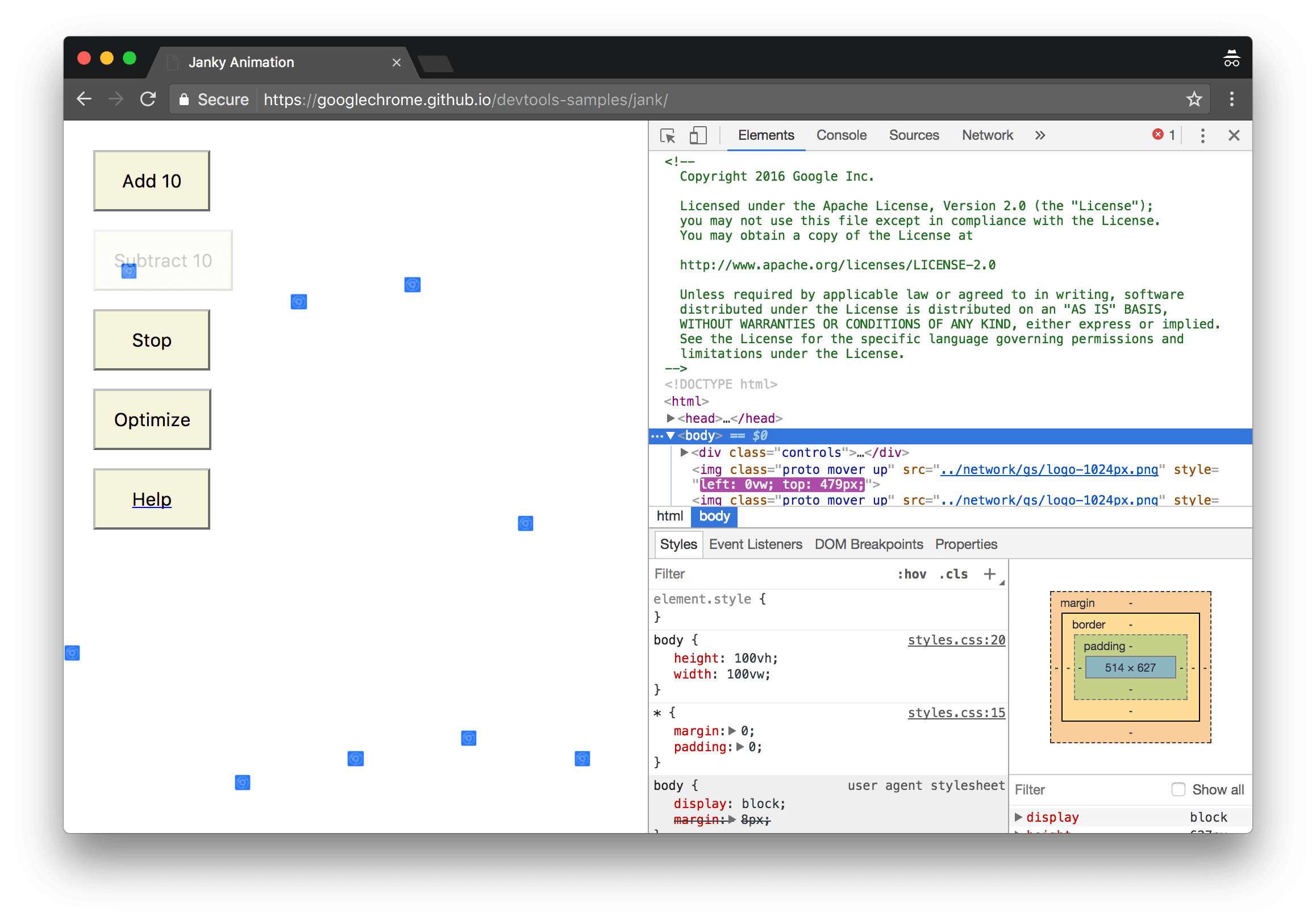 बाईं ओर मौजूद डेमो और दाईं ओर DevTools