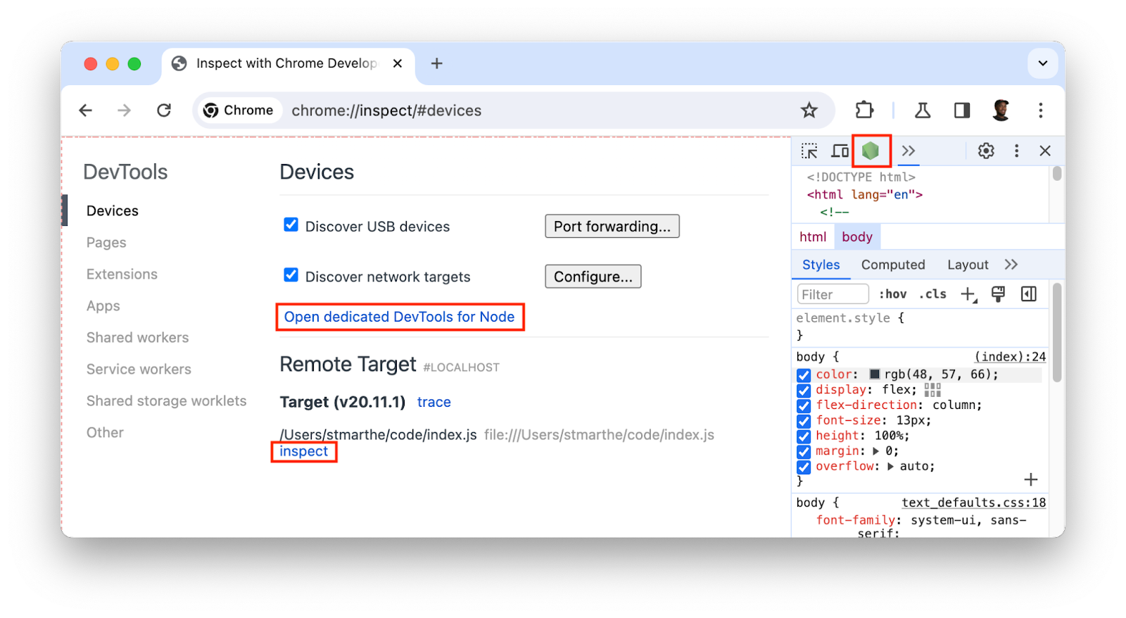 Alle Möglichkeiten zum Öffnen von Entwicklertools für Node.