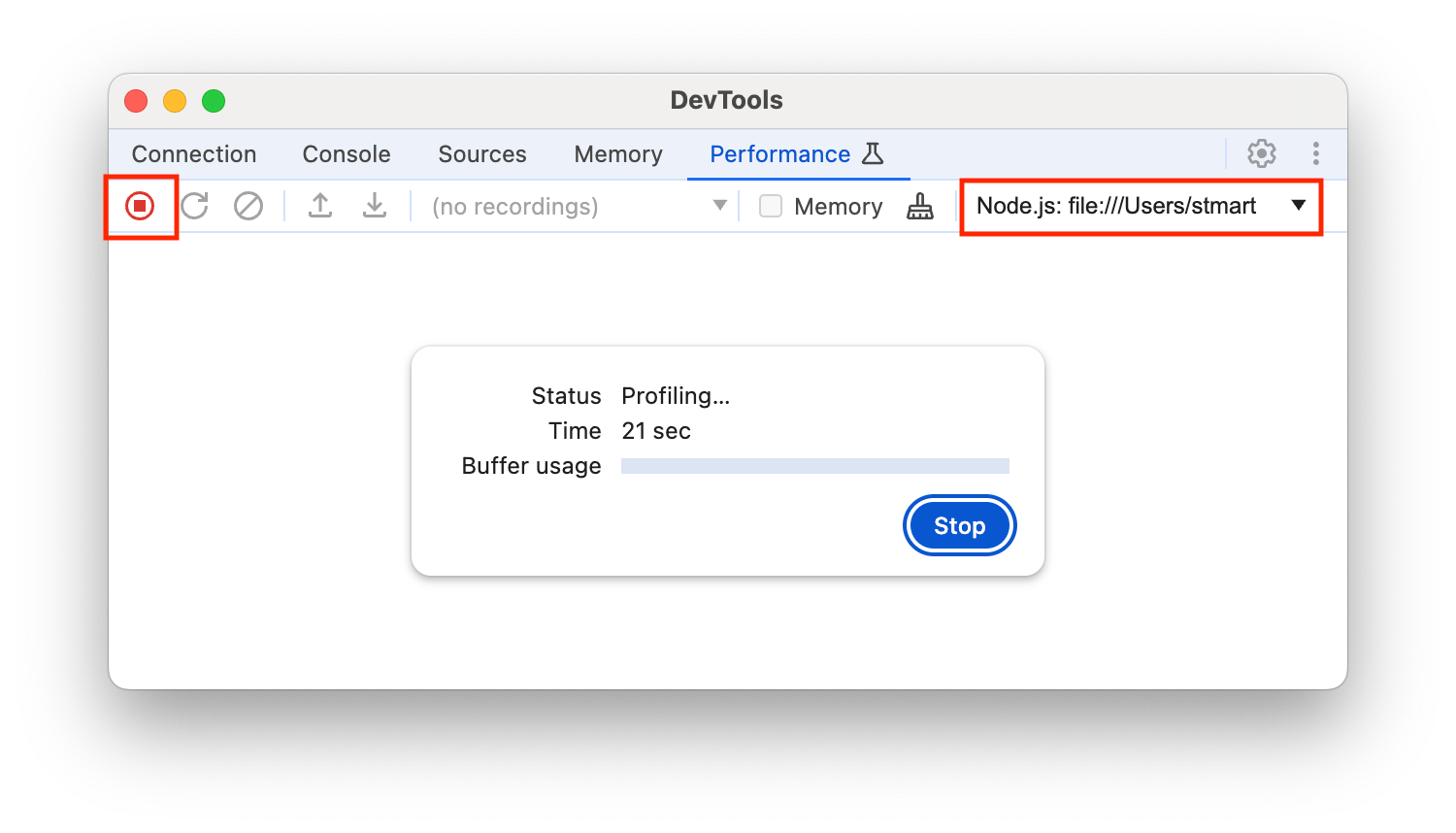 Tombol Record dan pemilih instance VM.