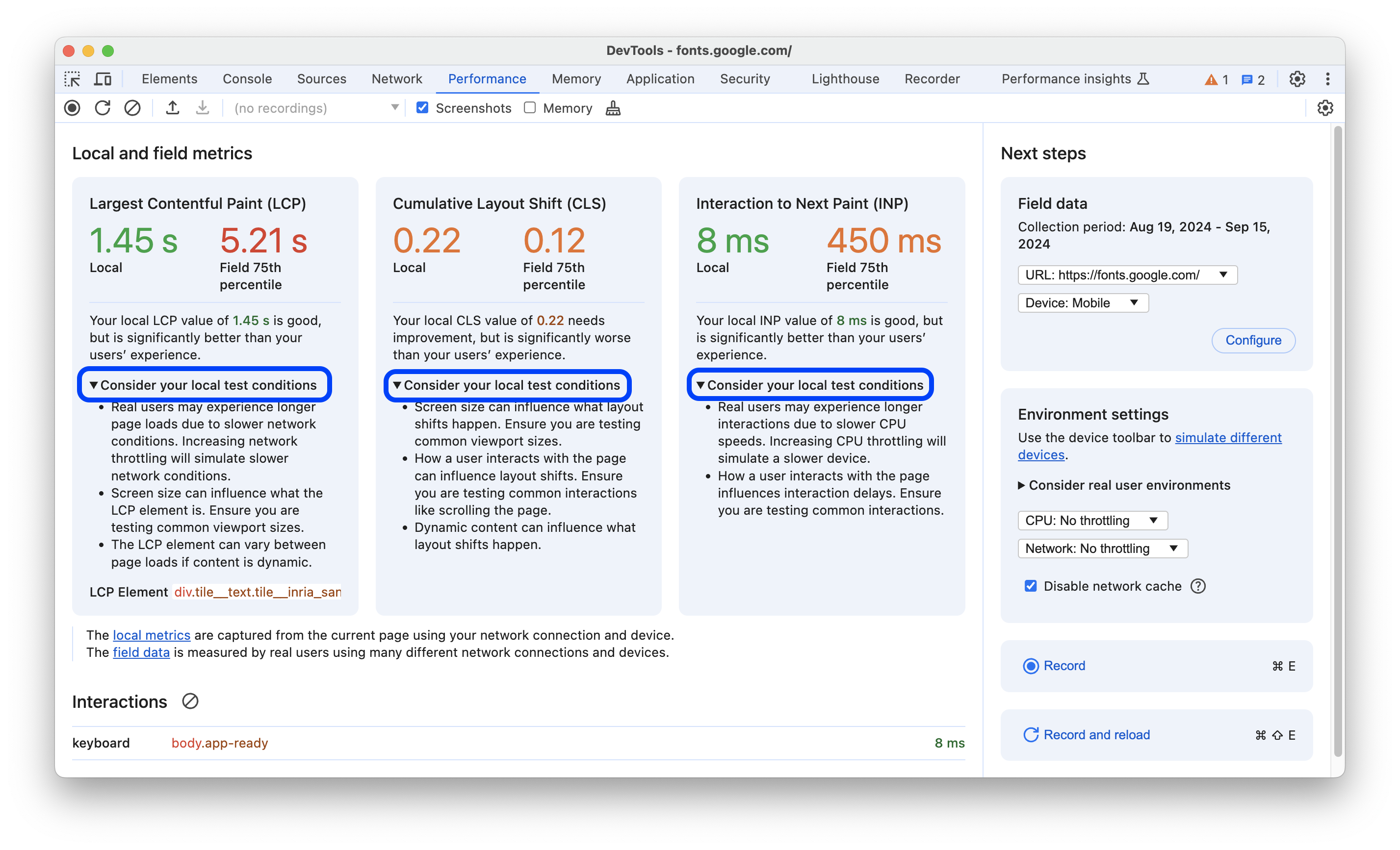 The 'Consider your local test conditions' sections expanded in each metric card.