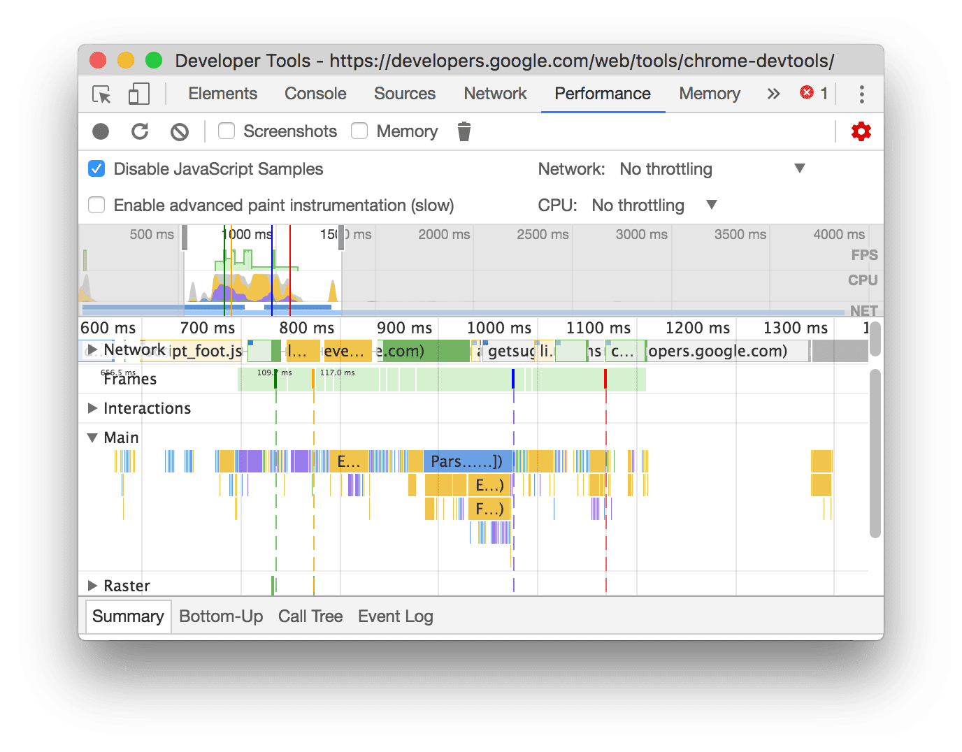 An example of a recording when JS samples are disabled.