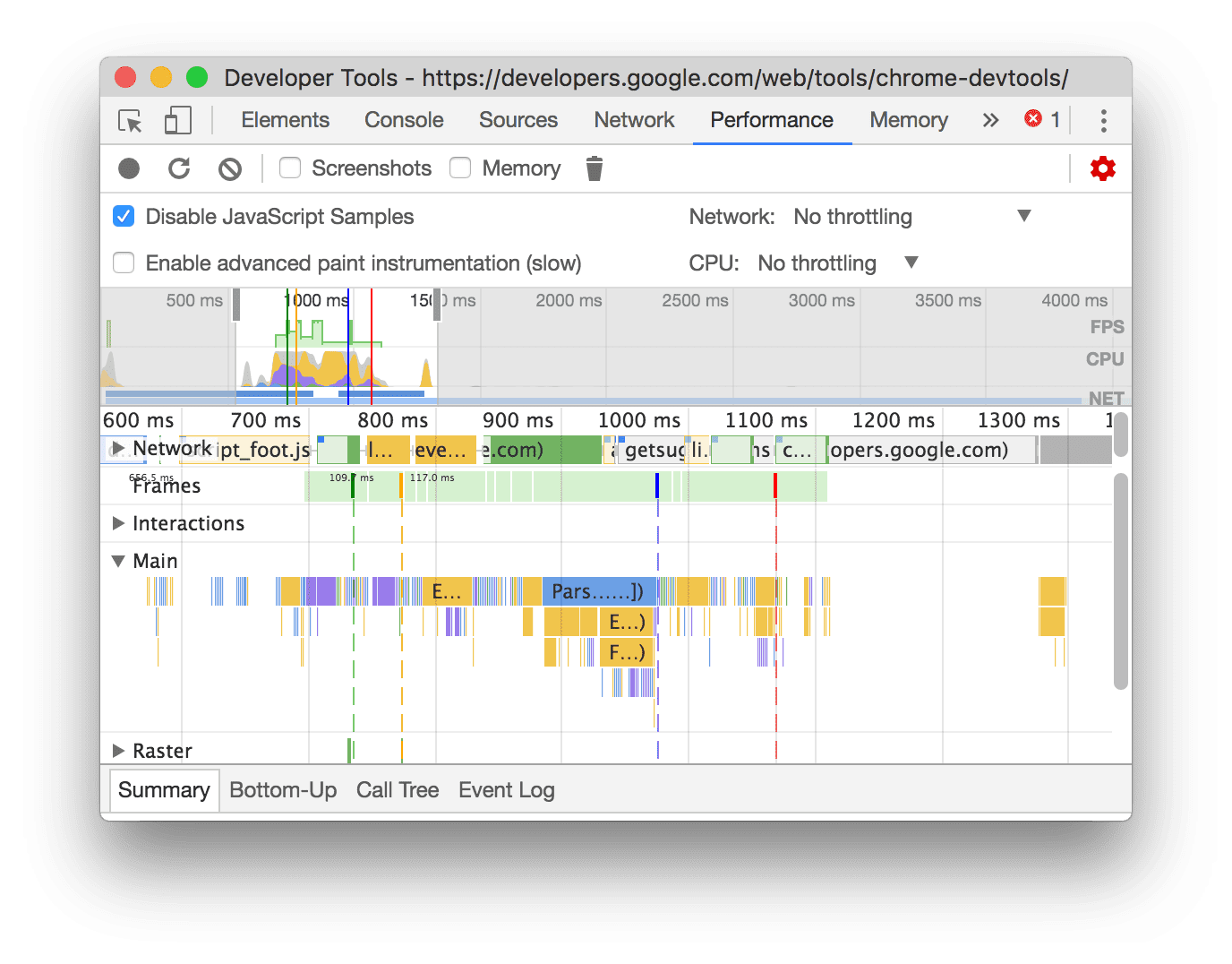 停用 JS 樣本時的記錄範例。