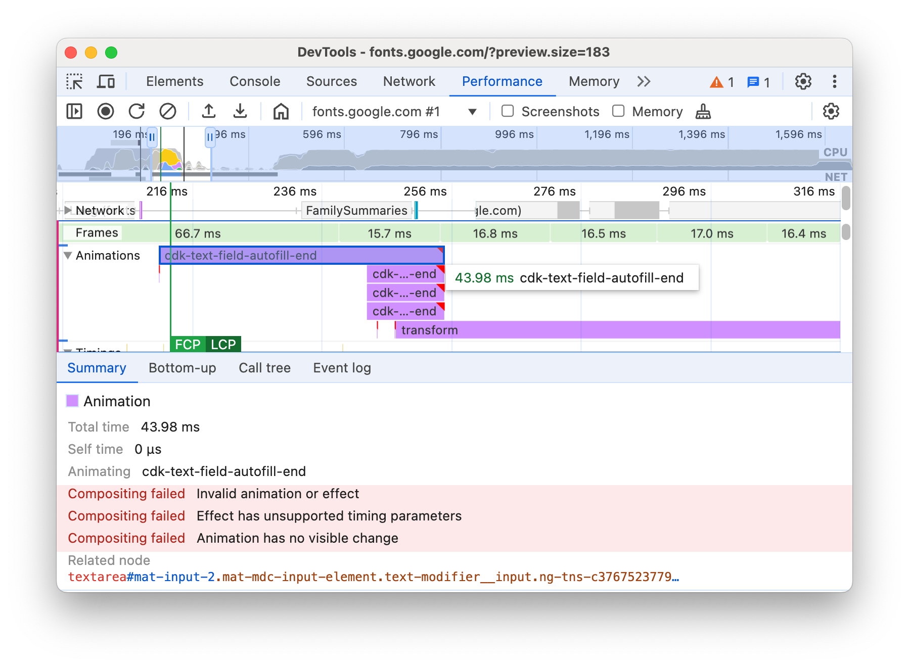 Track Animasi dengan animasi non-penggabungan yang dipilih.