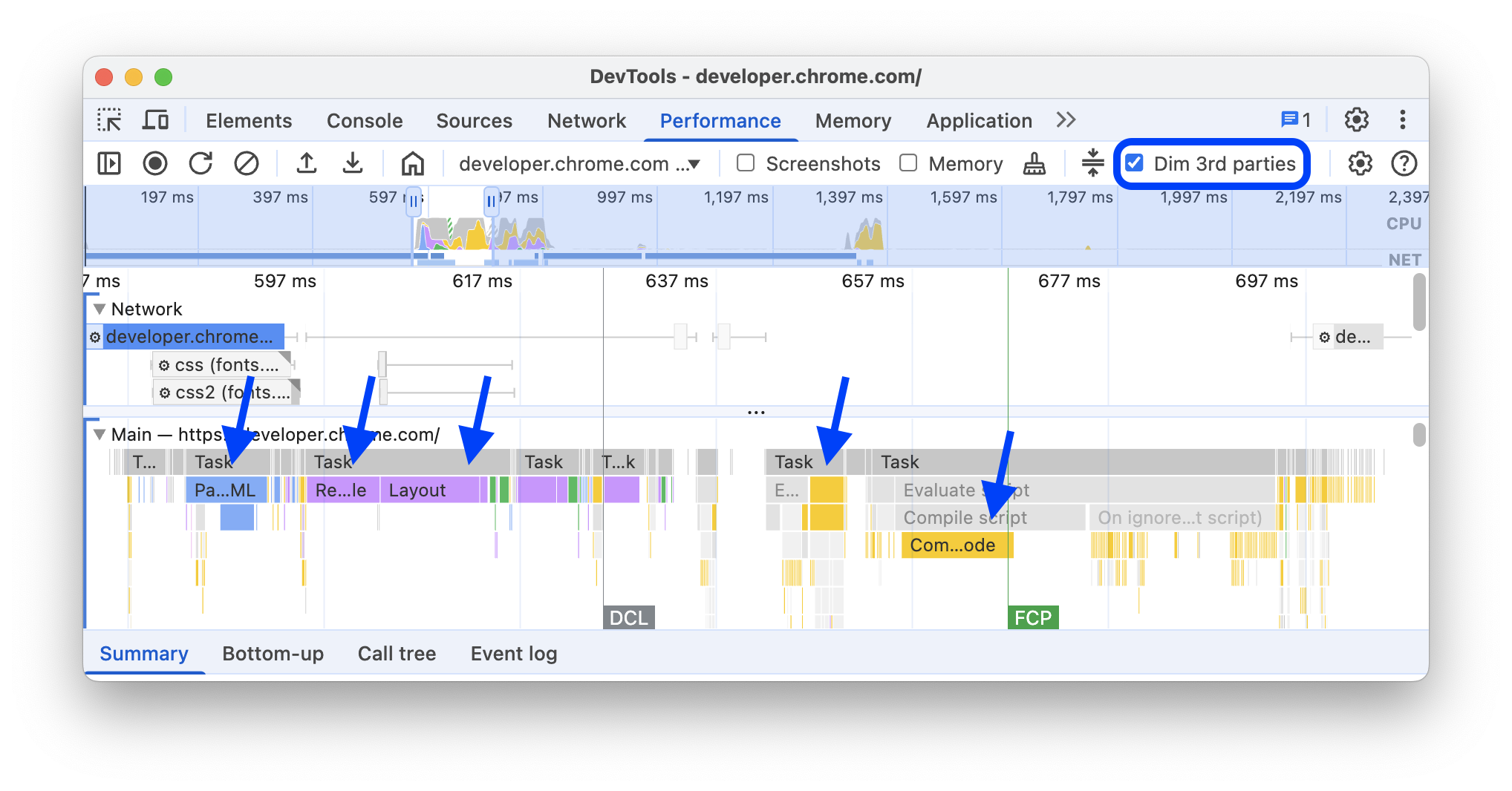 „Drittanbieter einschränken“ ist aktiviert und die entsprechenden Ereignisse sind im Leistungs-Trace ausgegraut, während eigene Daten hervorgehoben werden.