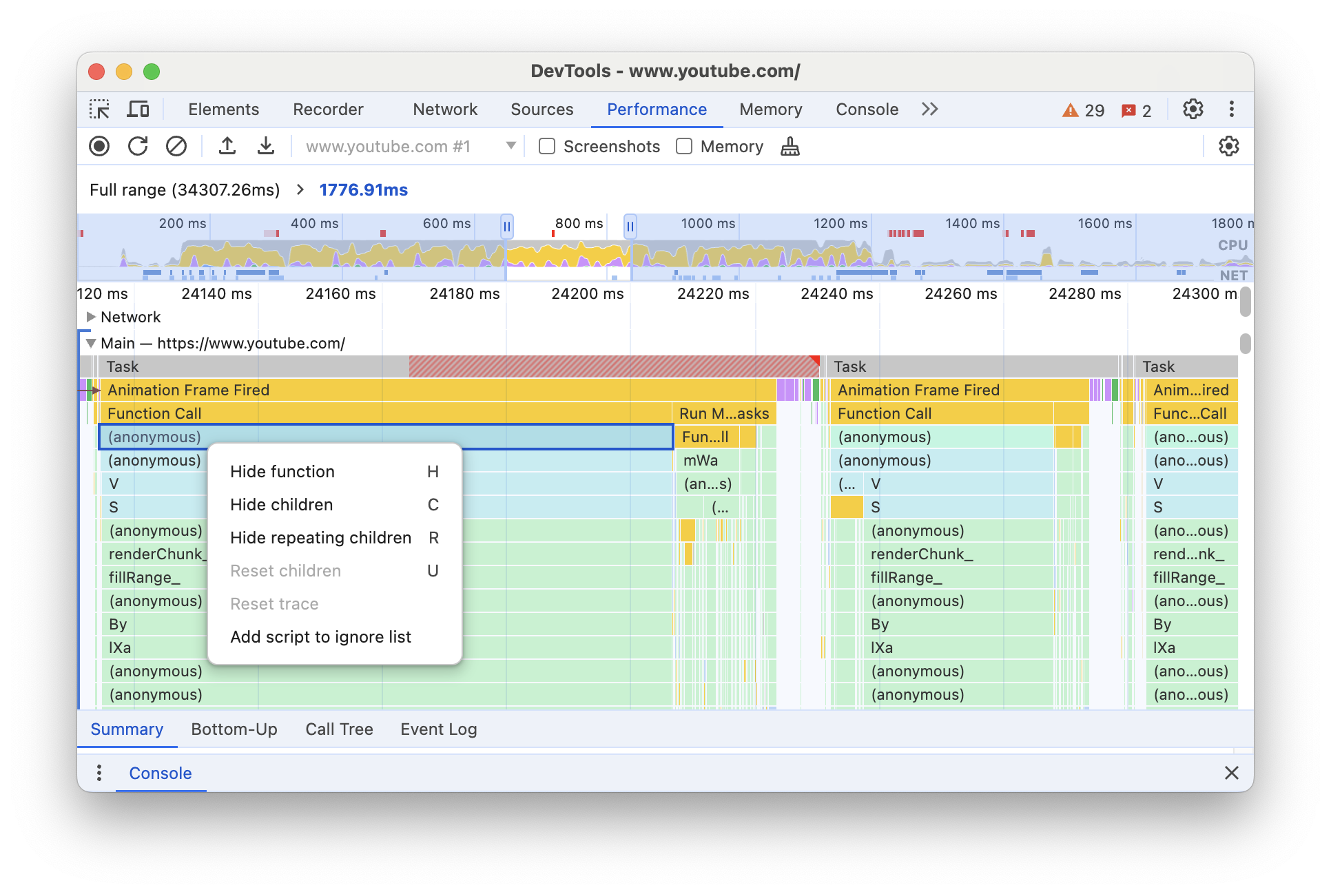 Das Kontextmenü mit Optionen zum Ausblenden der ausgewählten Funktion oder ihrer untergeordneten Funktionen.