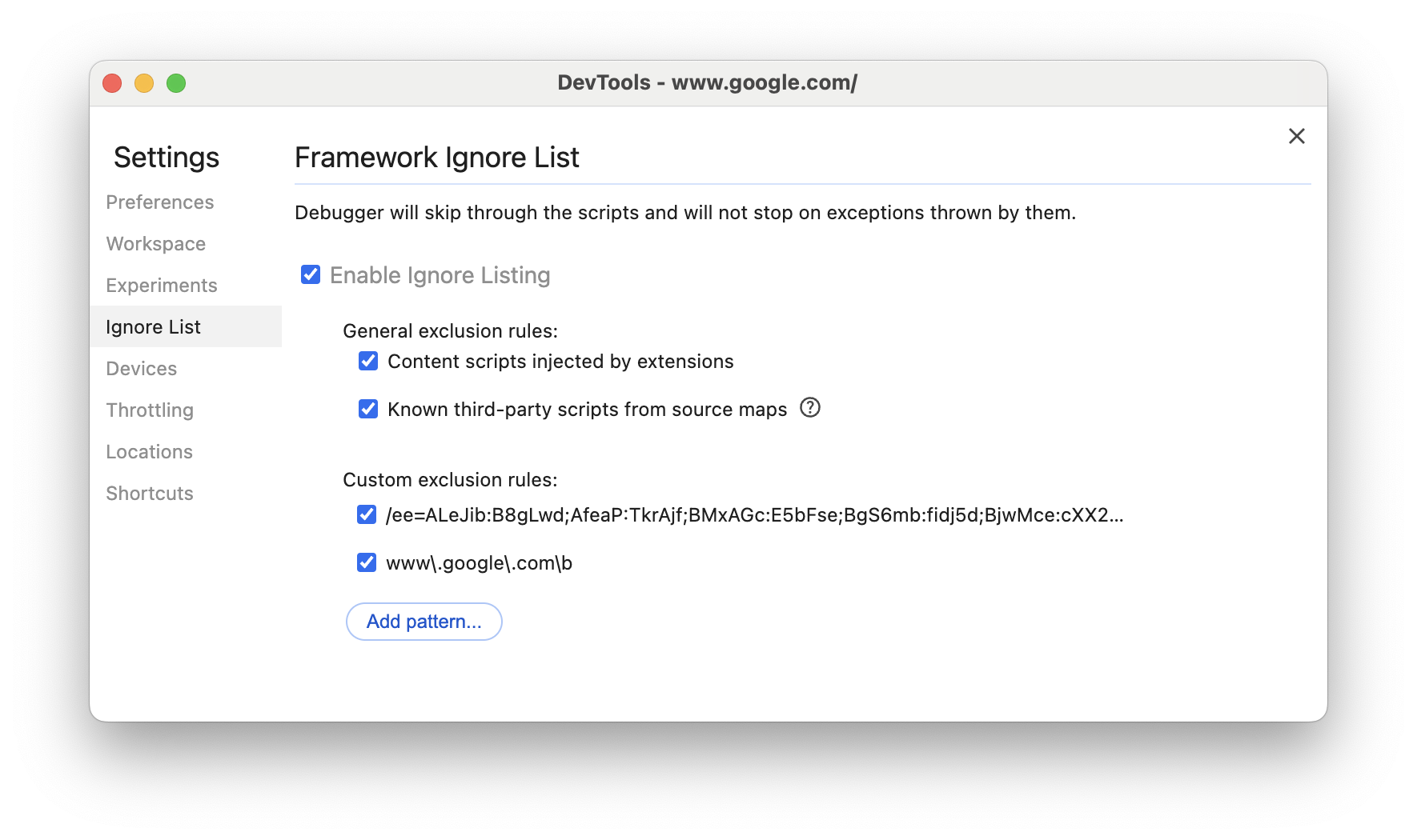 La pestaña de la lista de ignorar secuencias de comandos en Configuración.