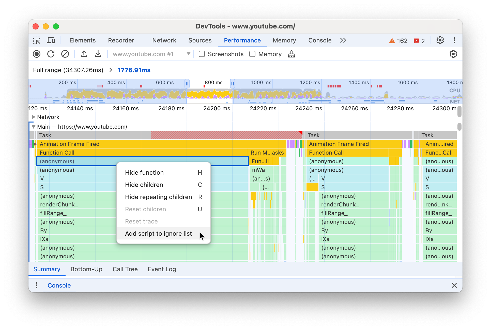O menu de contexto com a opção "Ignorar script" em destaque.