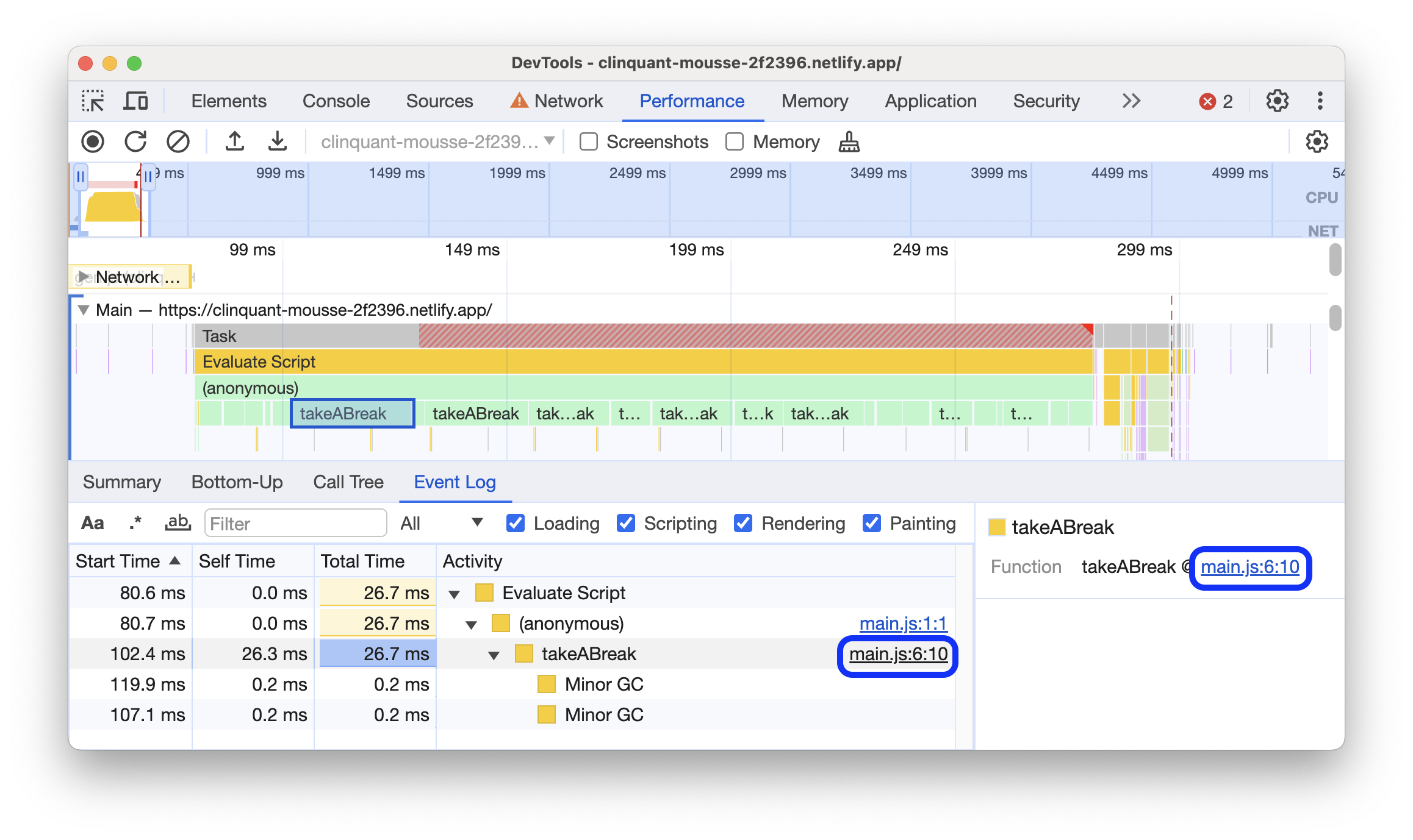 Tautkan ke file sumber di tab Log Peristiwa.