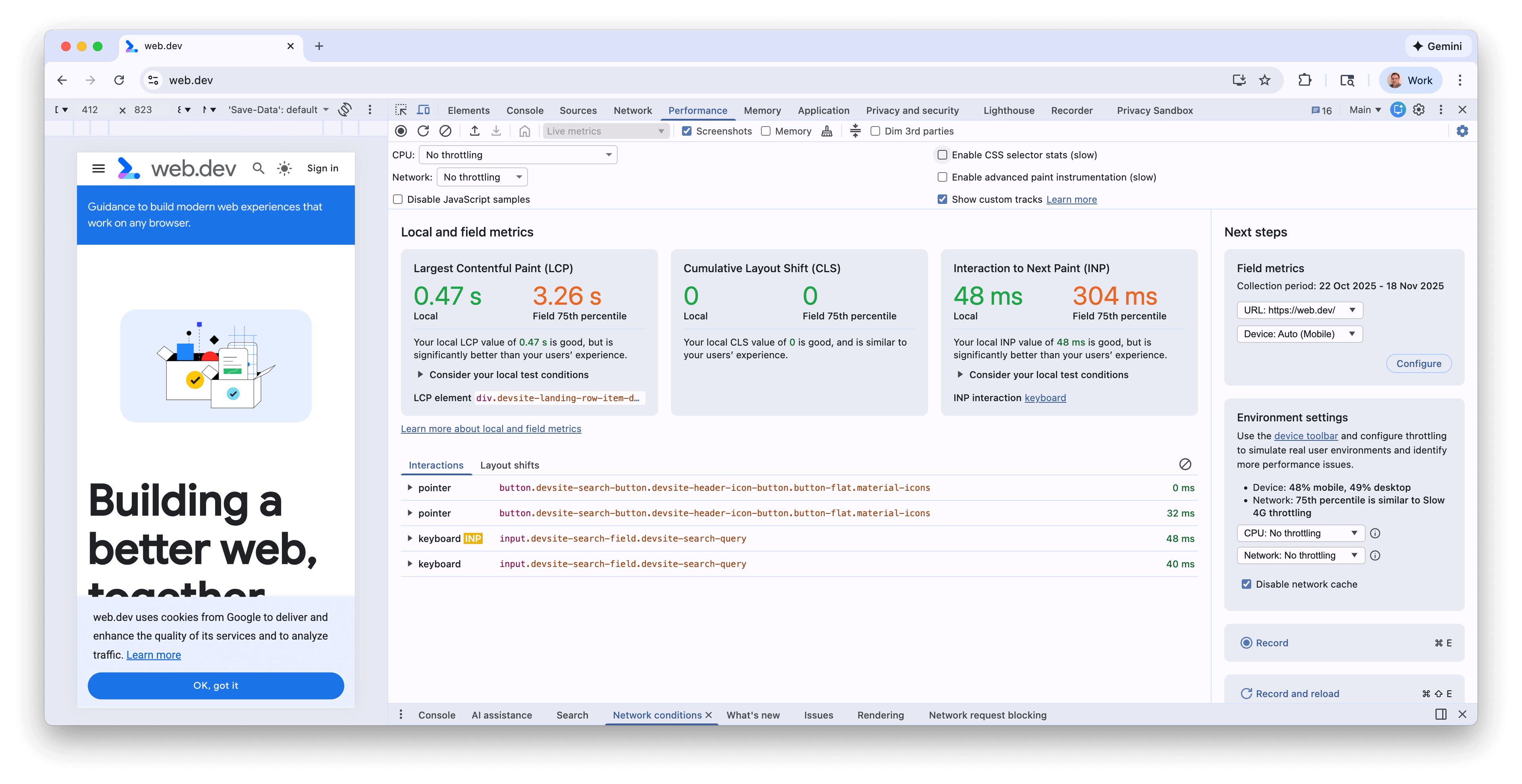 Live metrics screen in the Performance Panel showing LCP, CLS, and INP metrics.