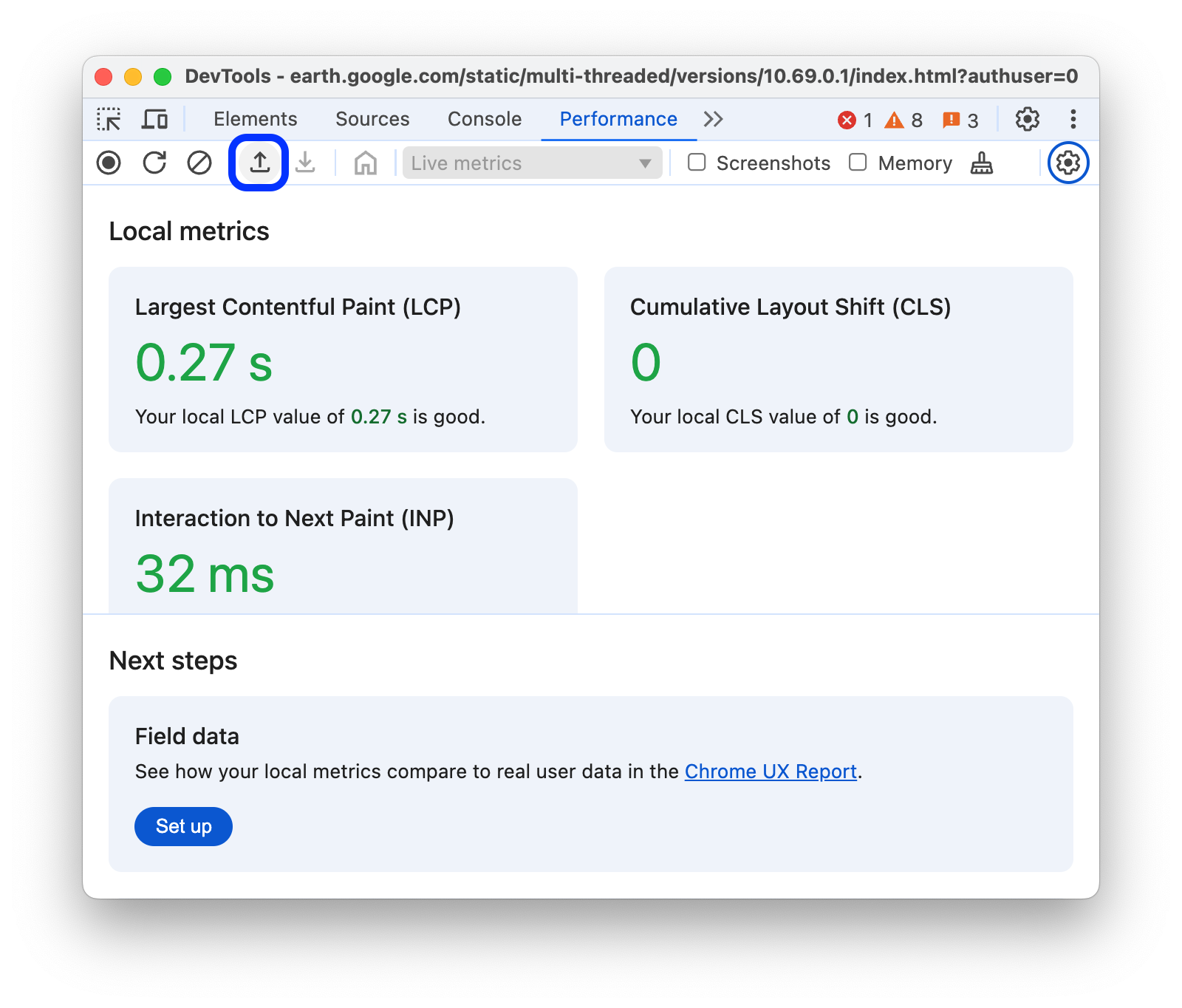 Load trace button in the action bar.