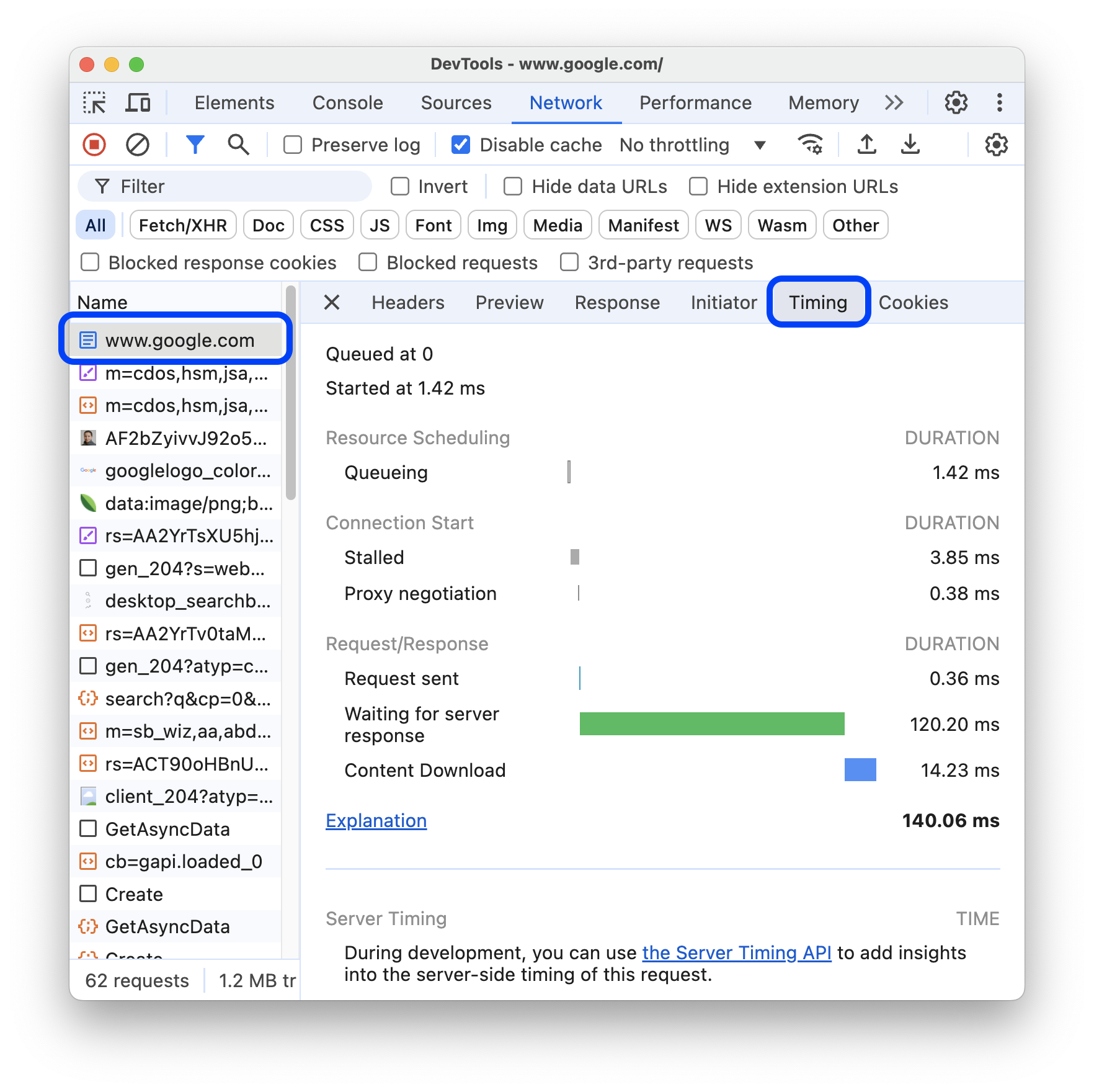 “网络”面板中请求的“时间”标签页。