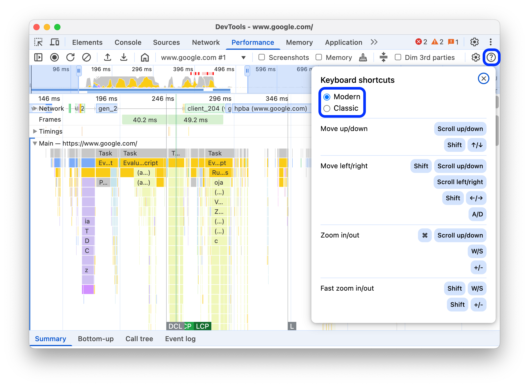 The shortcuts dialog with navigation styles and shortcuts cheatsheet for the Performance panel.