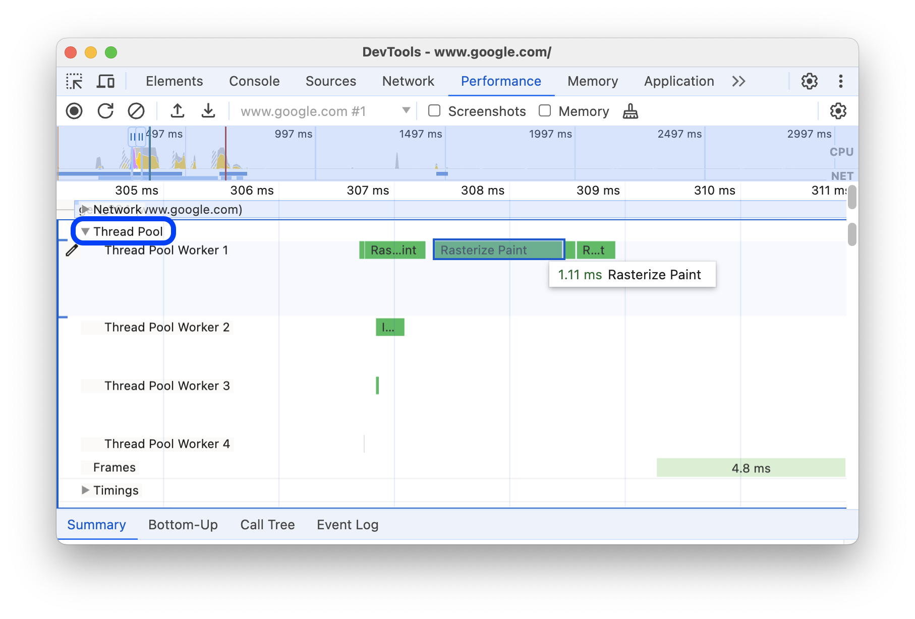 Activité de trame dans la section &quot;Pool de threads&quot;.