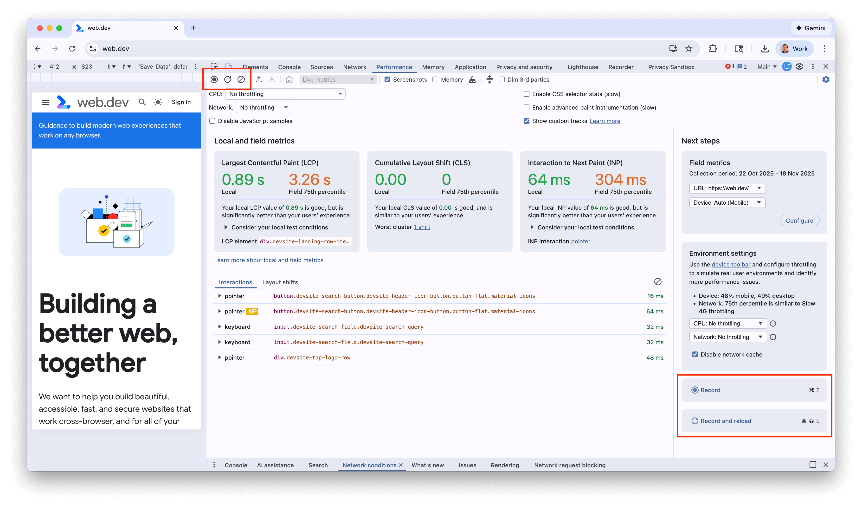 Buttons to record performance traces are in the top-left and bottom-right corners of the screen.