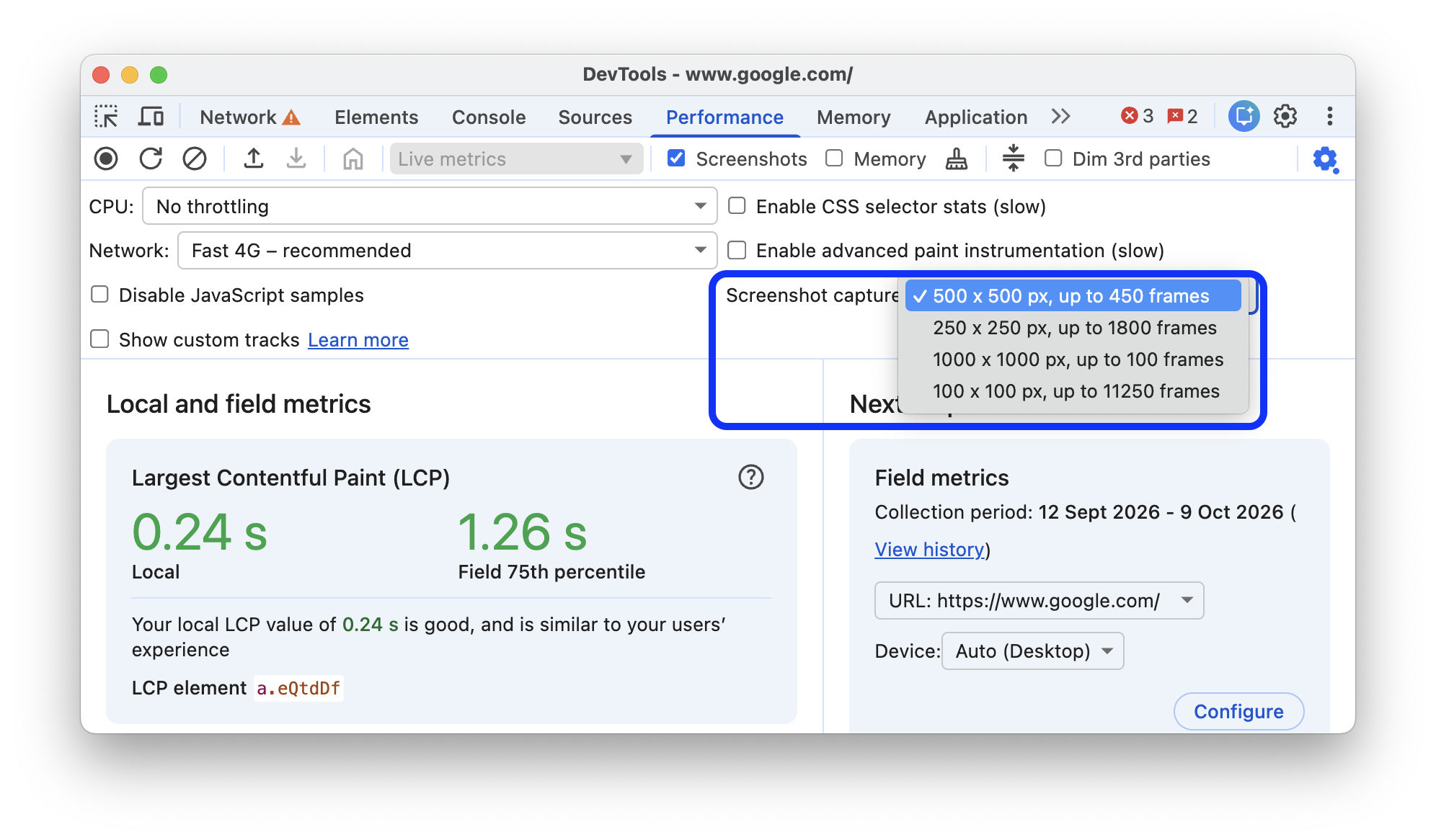 Trình đơn thả xuống Chế độ cài sẵn chụp ảnh màn hình trong phần Cài đặt chụp.