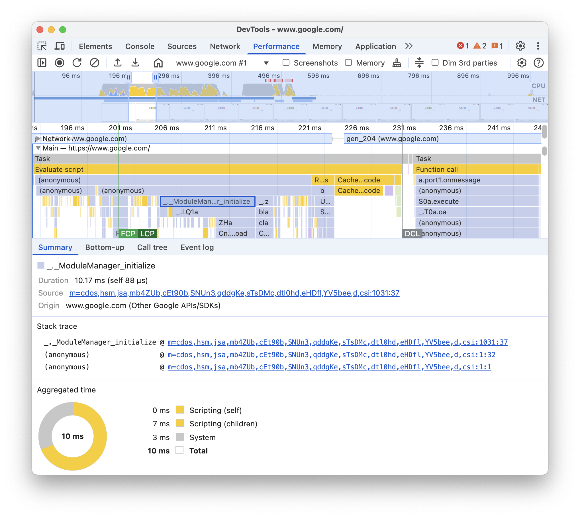 Weitere Informationen zu einem Main-Thread-Ereignis finden Sie auf dem Tab „Zusammenfassung“.