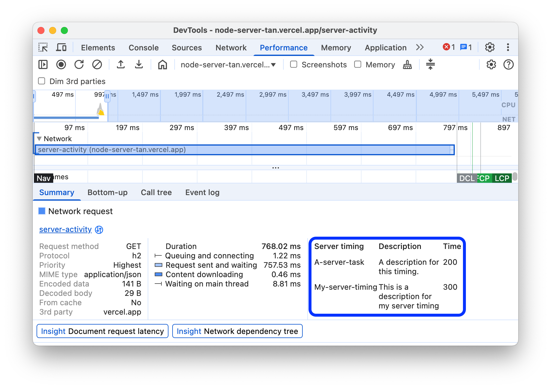 تفاصيل توقيتات الخادم في علامة التبويب "الملخّص"
