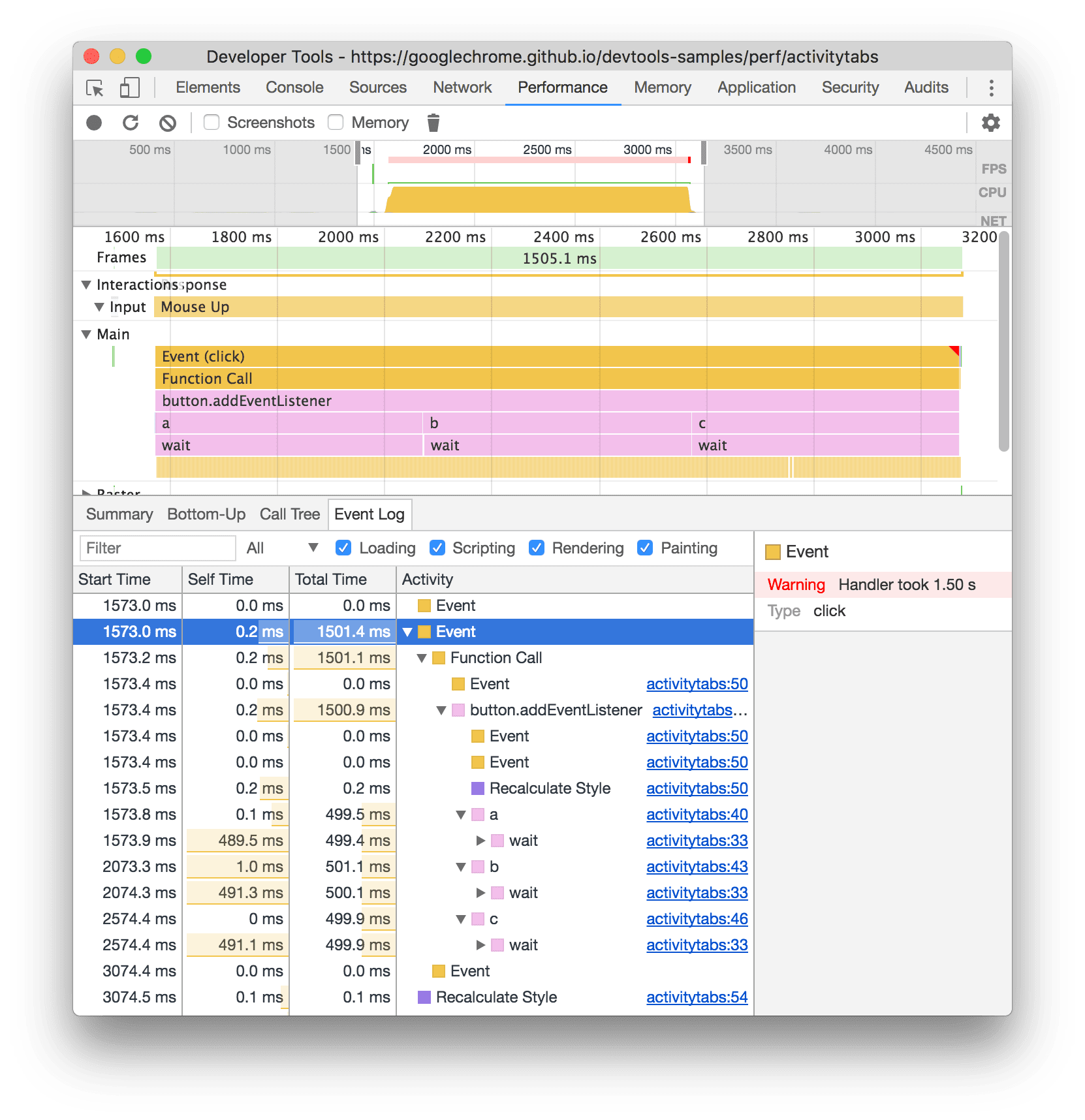 A guia "Log de eventos".
