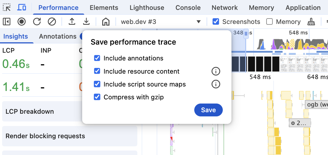 Boîte de dialogue permettant d&#39;enregistrer les paramètres de trace des performances. Les options sont &quot;Inclure les annotations&quot;, &quot;Inclure le contenu des ressources&quot;, &quot;Inclure les cartes sources de script&quot; et &quot;Compresser avec gzip&quot;.
