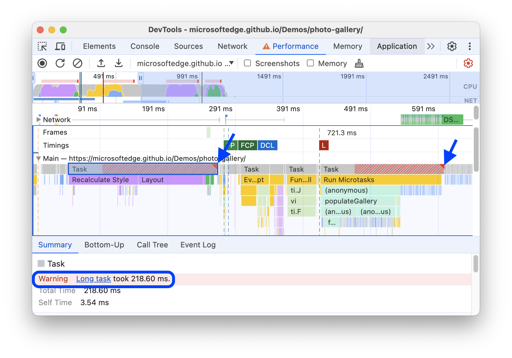 A long task marked with a red triangle and a warning in the Summary tab.