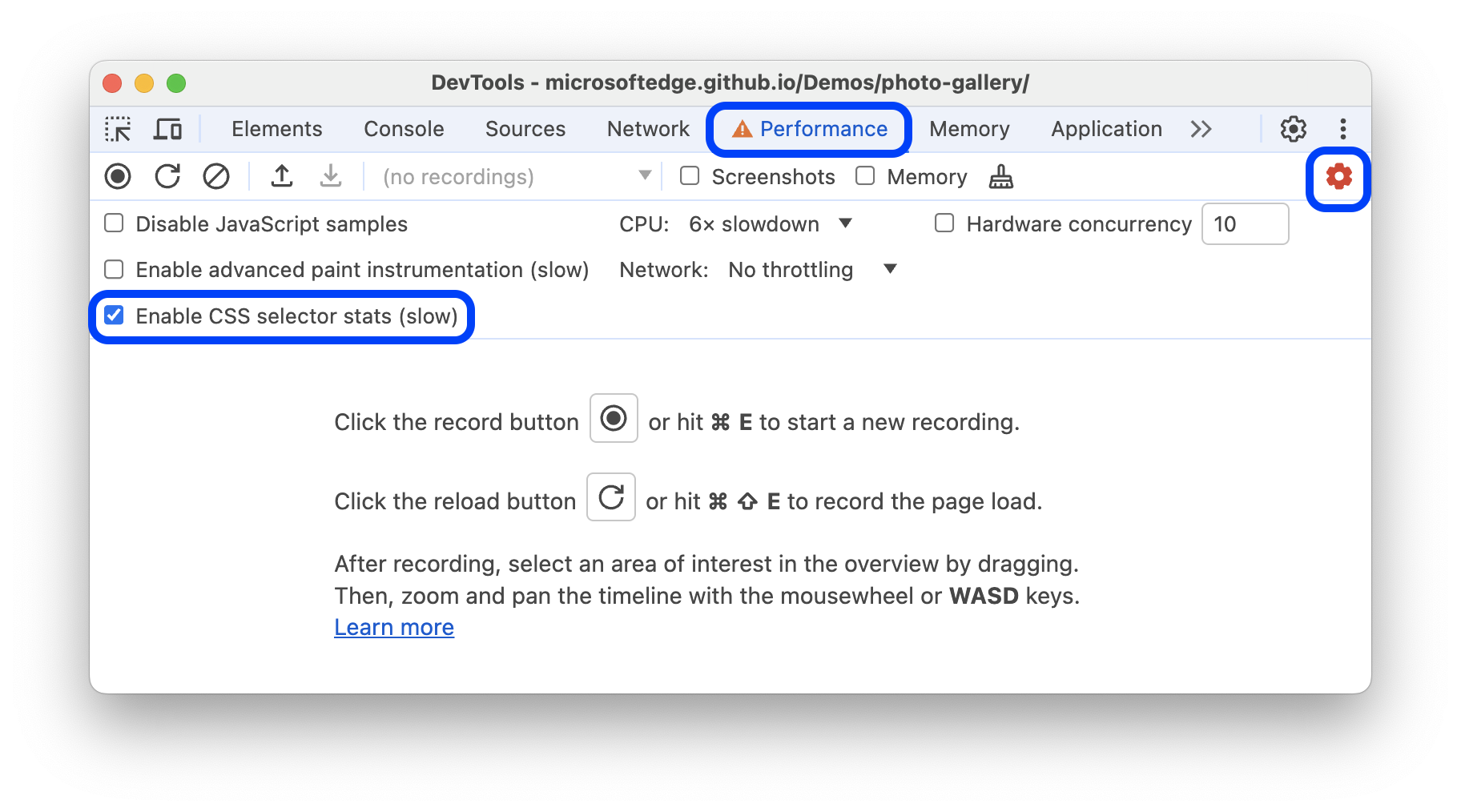 Impostazione &quot;Attiva le statistiche del selettore CSS&quot; selezionata.