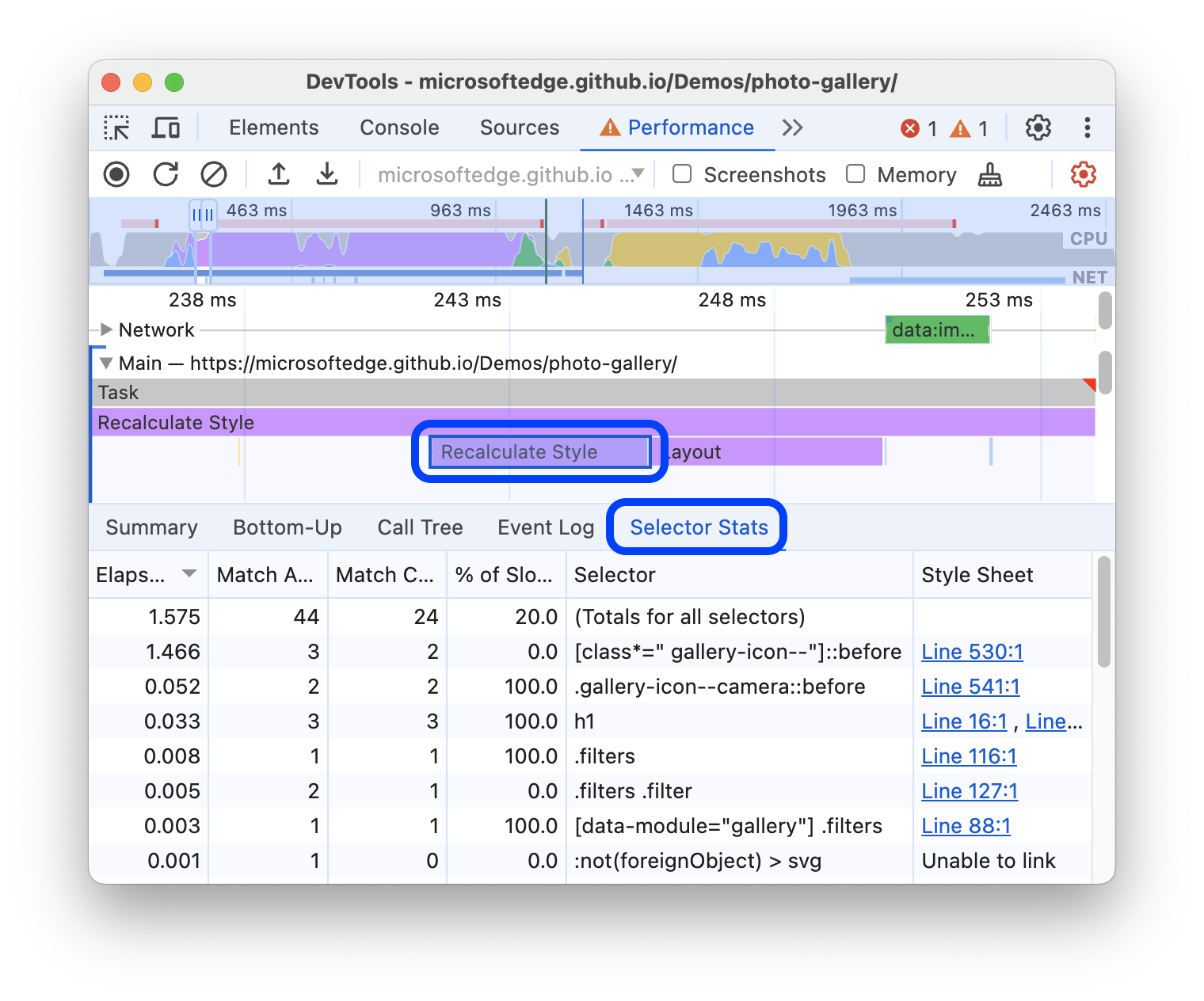 تب 'Selector Stats'.