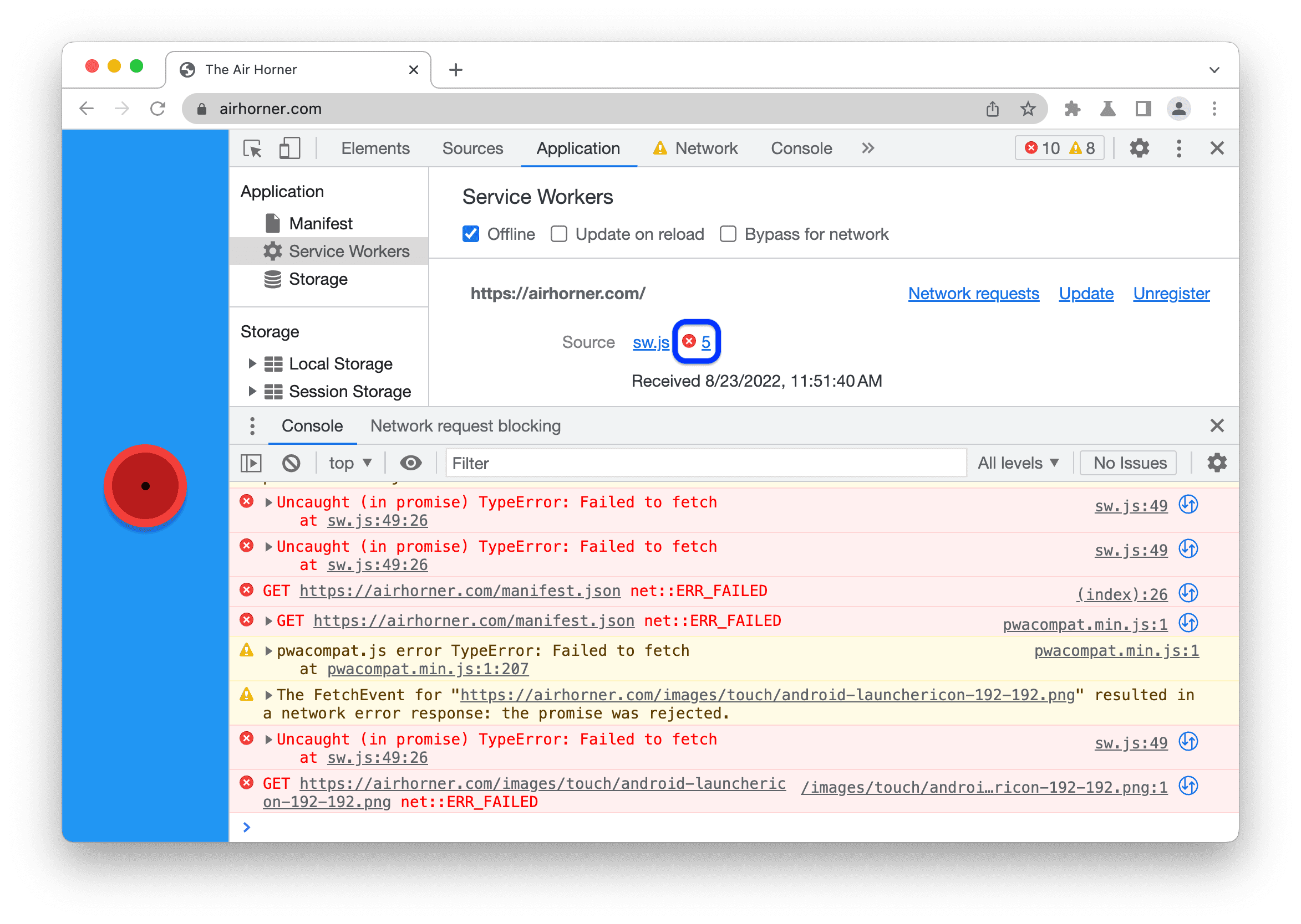 控制台中的 service worker 错误。