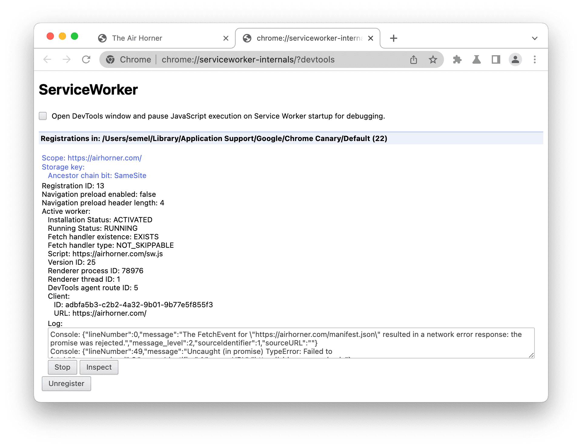 Pendaftaran service worker di serviceworker-internals.