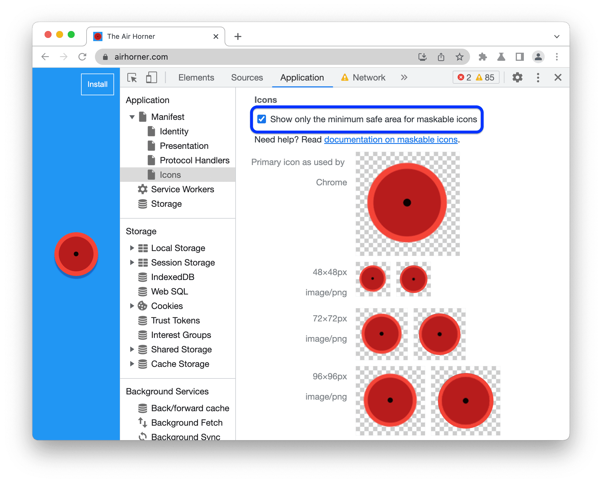 Viewing the minimum safe areas for maskable icons.