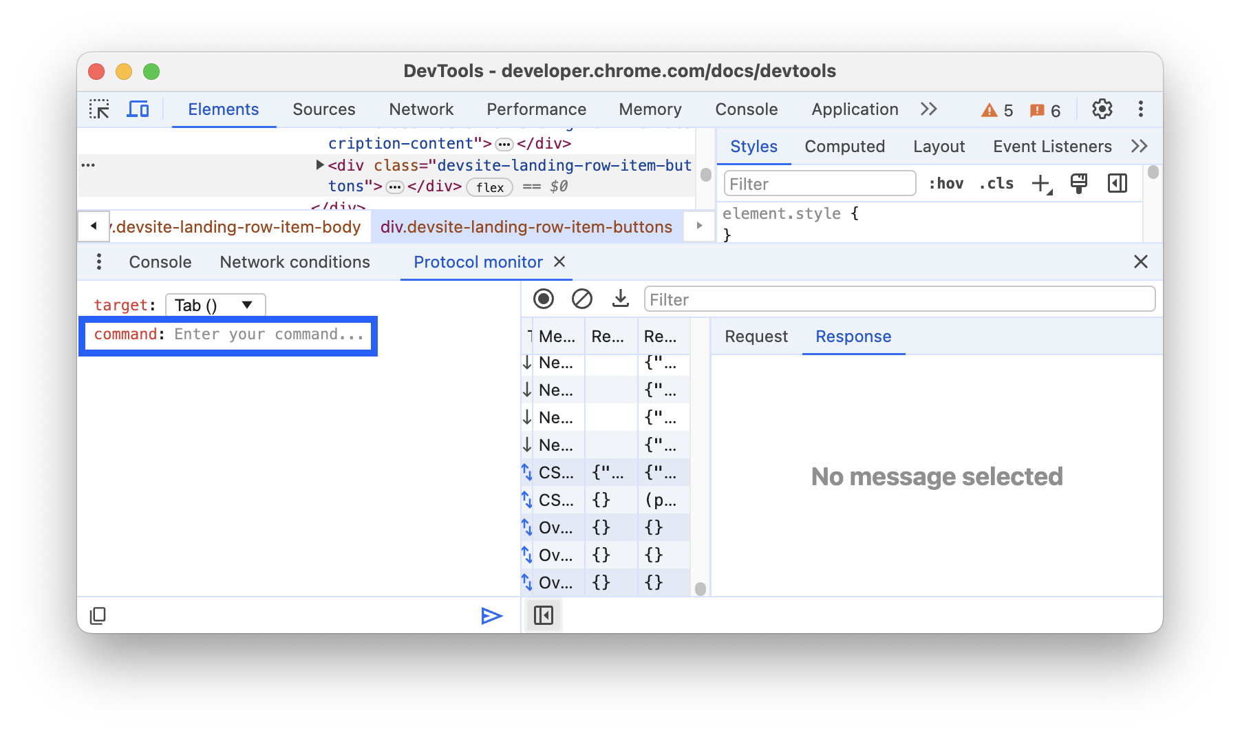 A entrada de comando no monitor de protocolo.