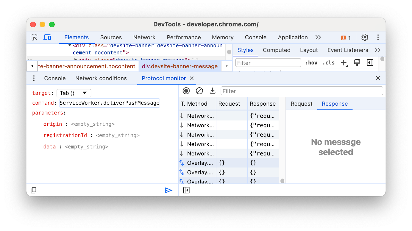 入力用にリストされた Service Worker 関連のパラメータを含むパラメータ入力。