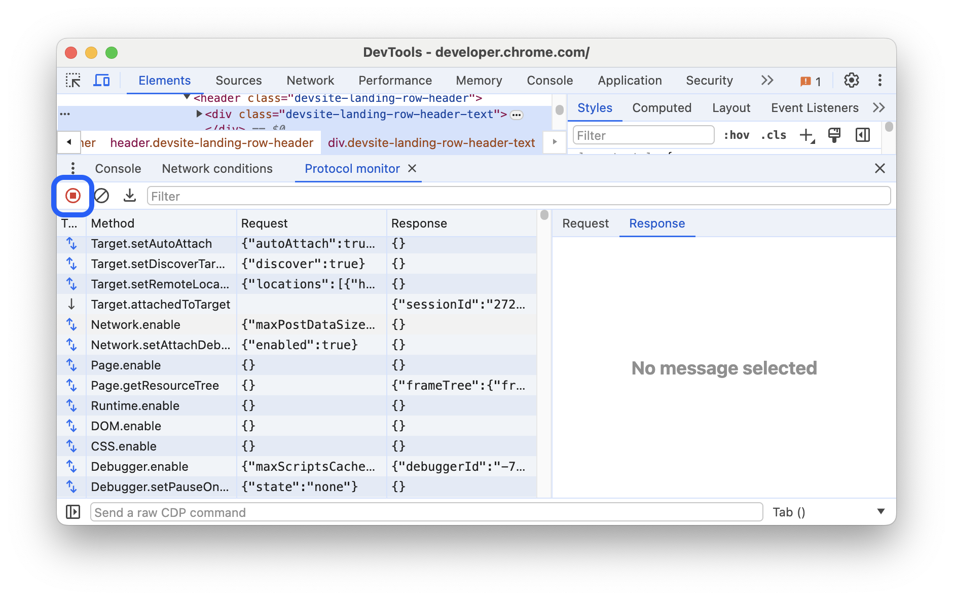 O botão de gravação no painel "Monitor de protocolo".