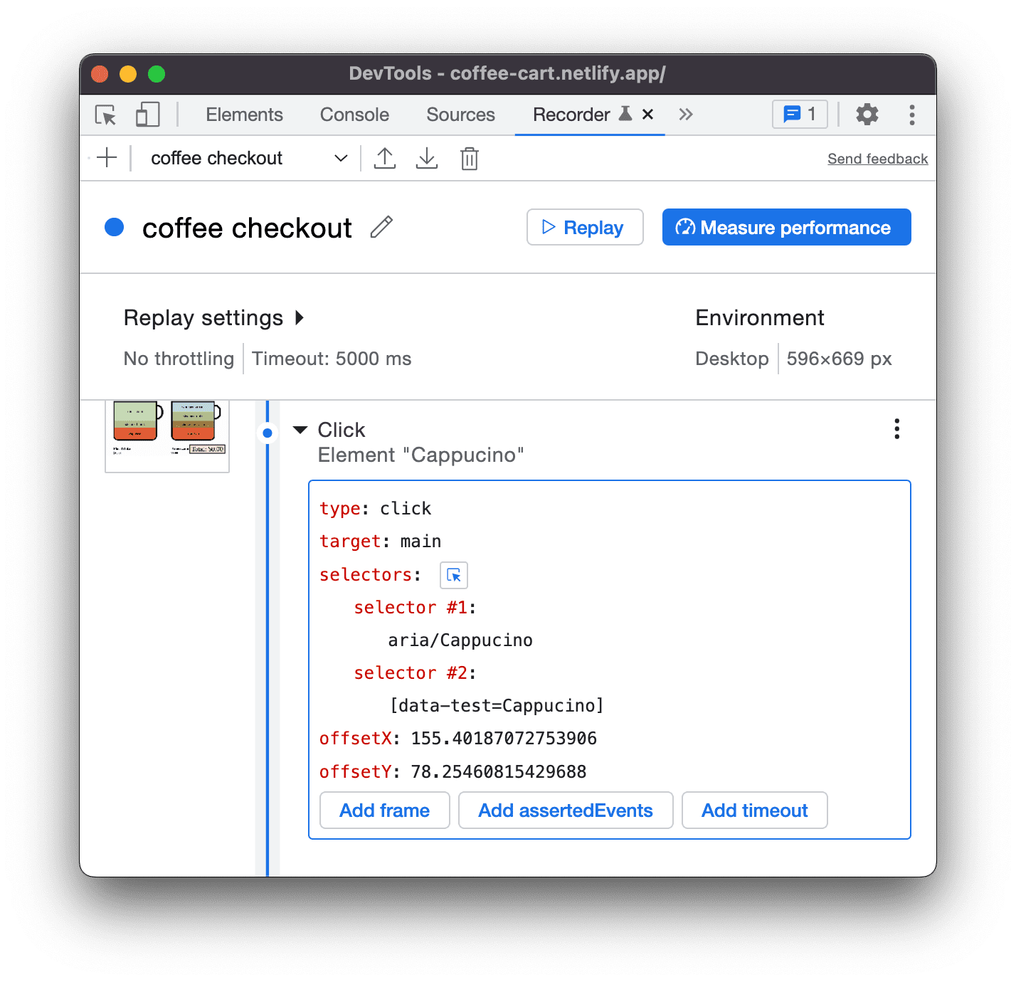 In the recorder panel, the Cappuccino element has been expanded to reveal type, target, selectors, offset X, and offset Y.