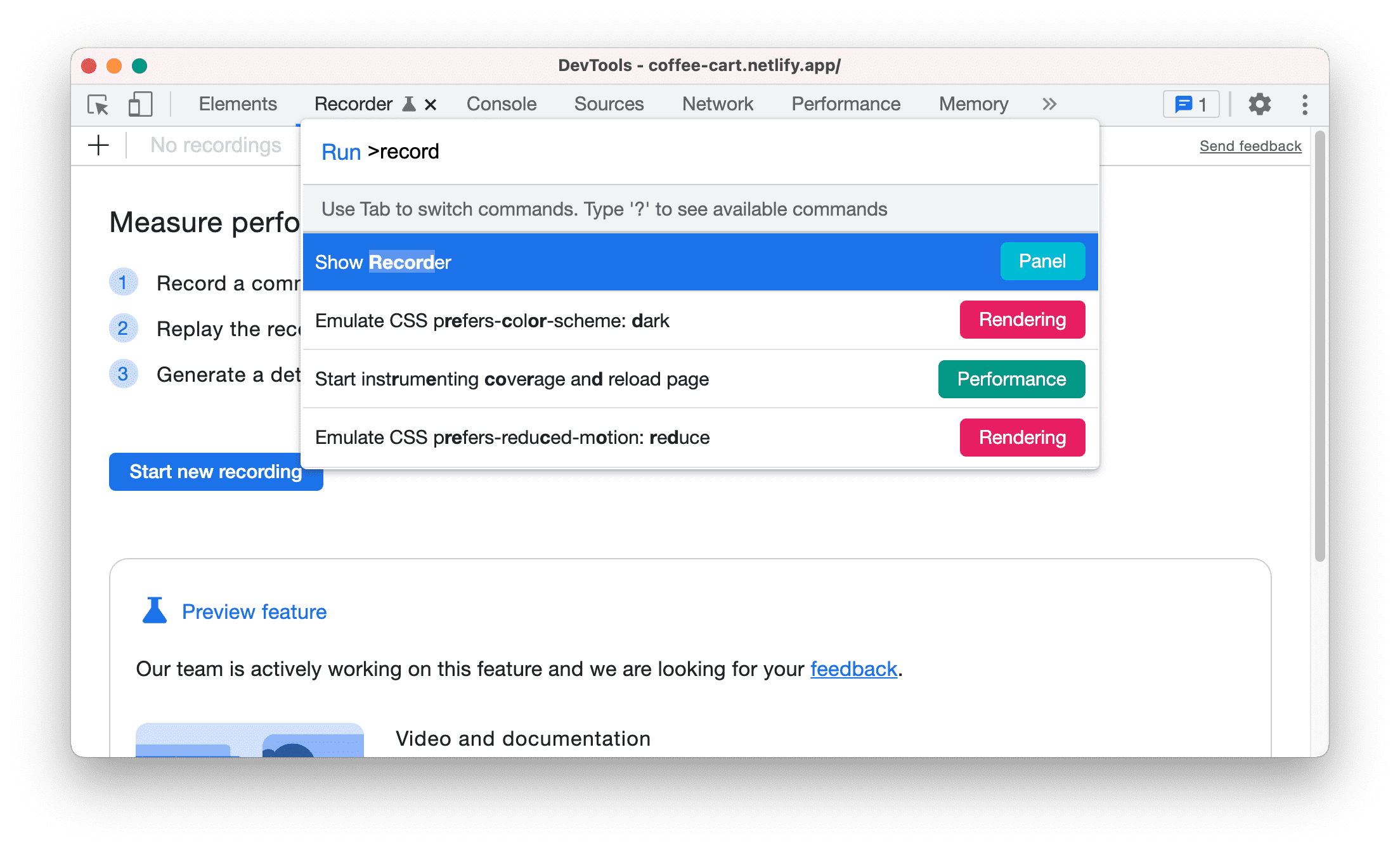 Mostra il comando Registratore nel menu Comando.