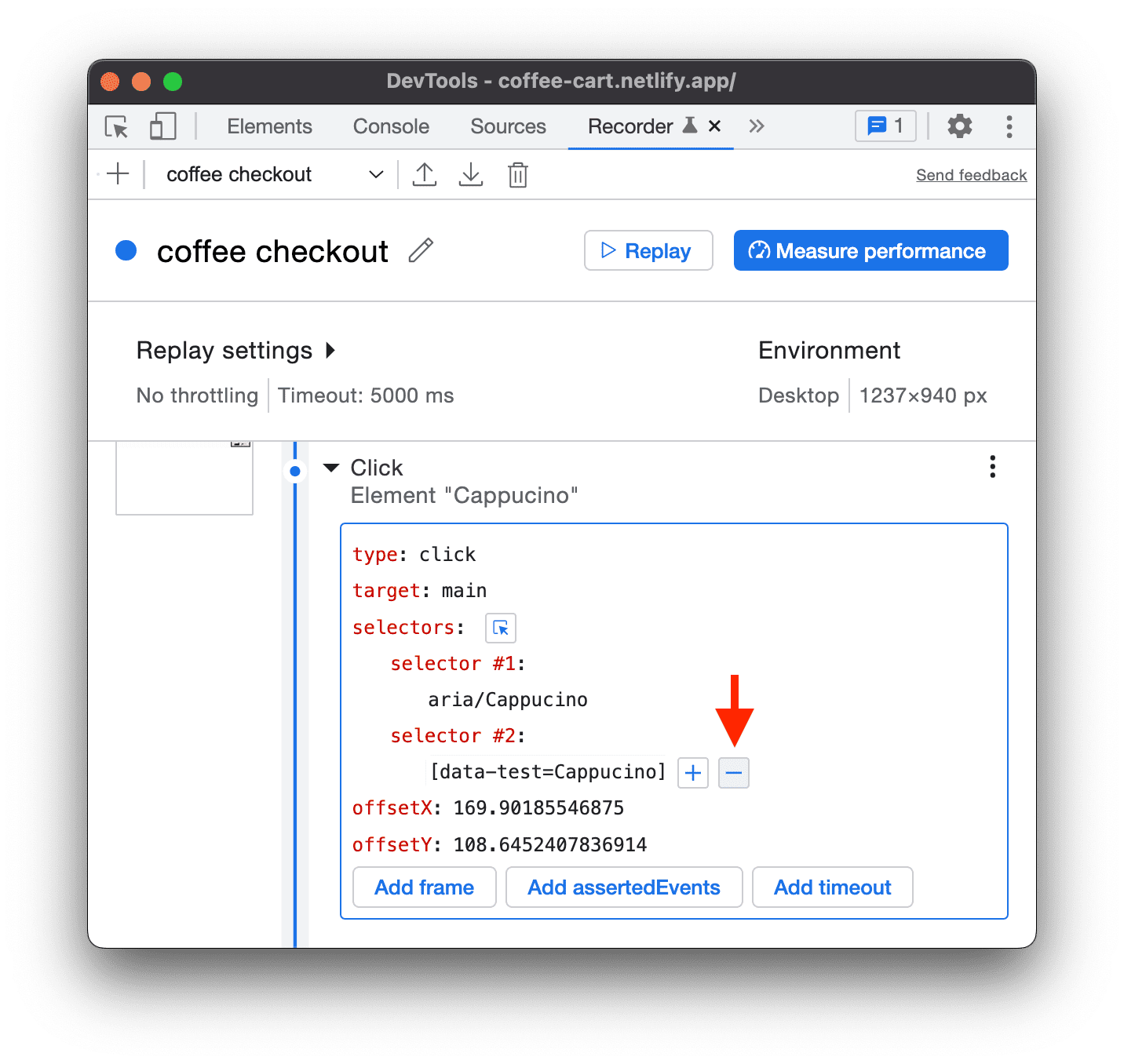 The DevTools recorder panel shows an option to remove a selector.