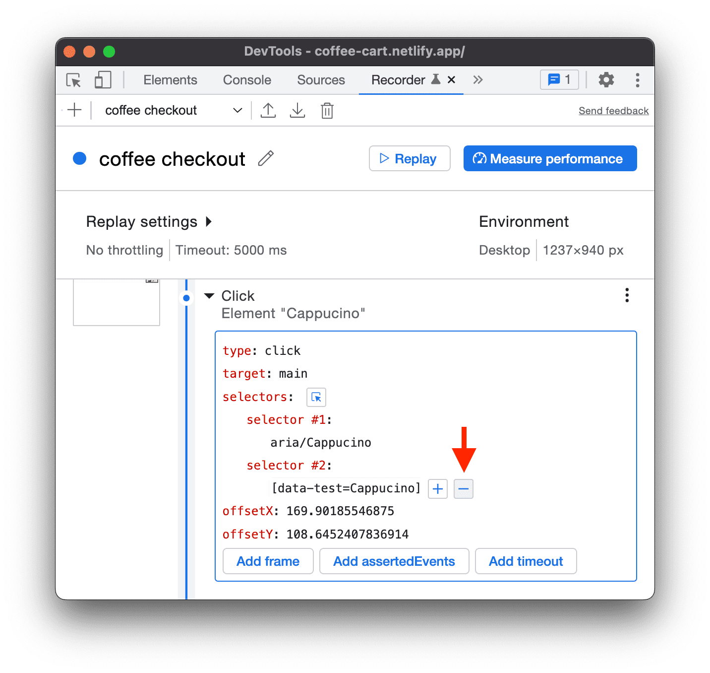 Het DevTools-recorderpaneel toont een optie om een selector te verwijderen.