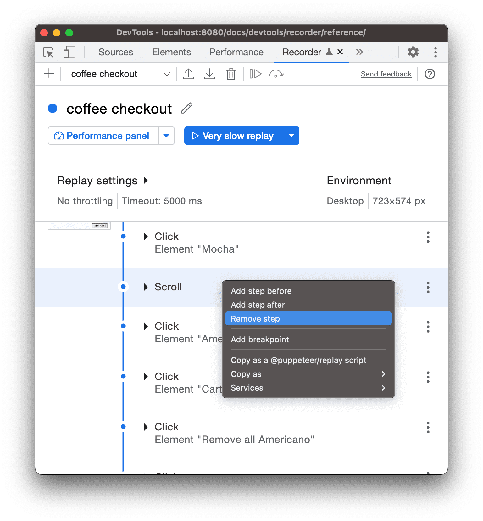 Menu déroulant d&#39;une étape, avec des options permettant d&#39;ajouter une étape avant ou après une étape.